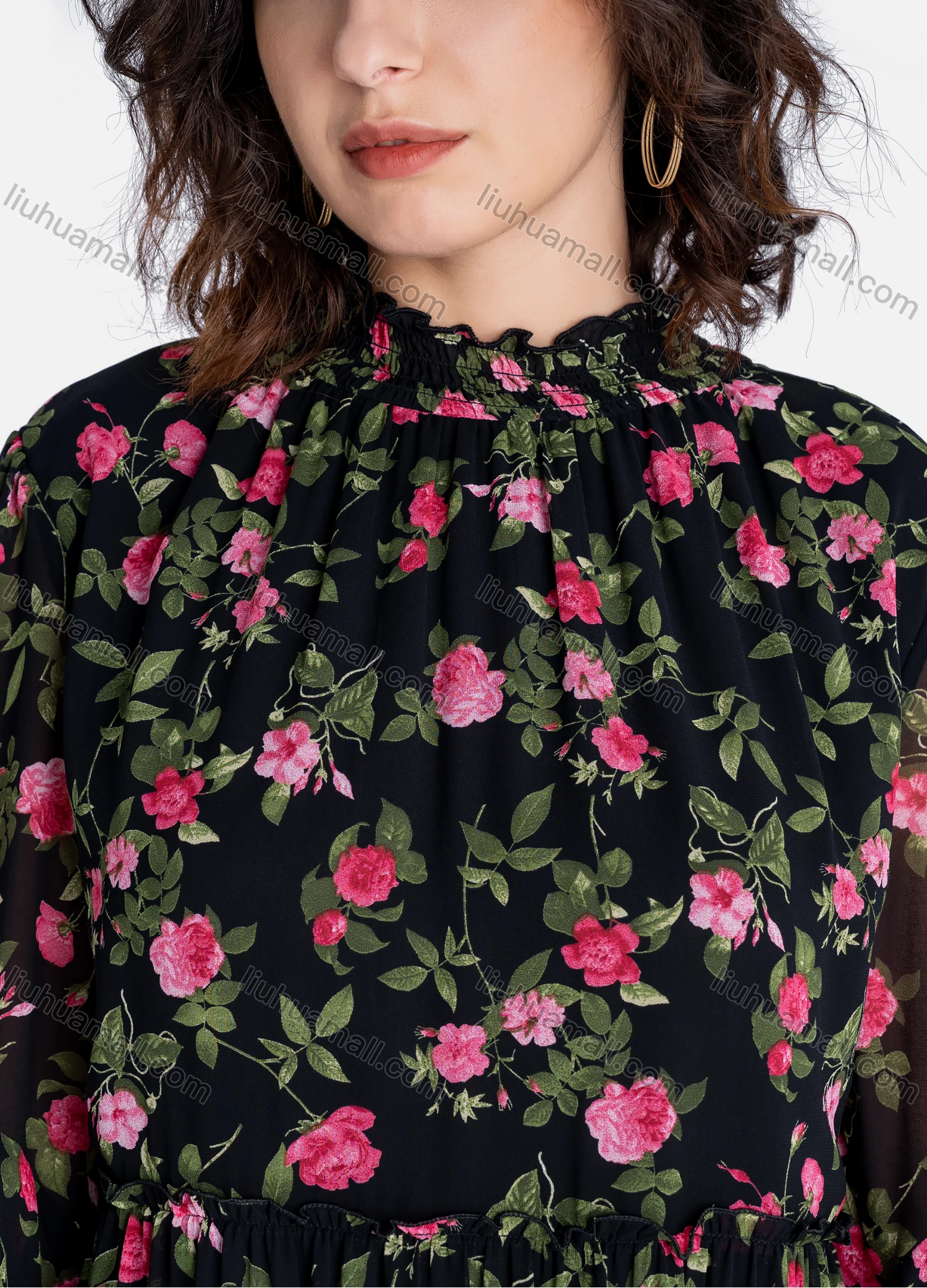 Wholesale Women's Casual Floral Print Mock Neck Long Sleeve Ruffle Hem Midi Dress - Liuhuamall