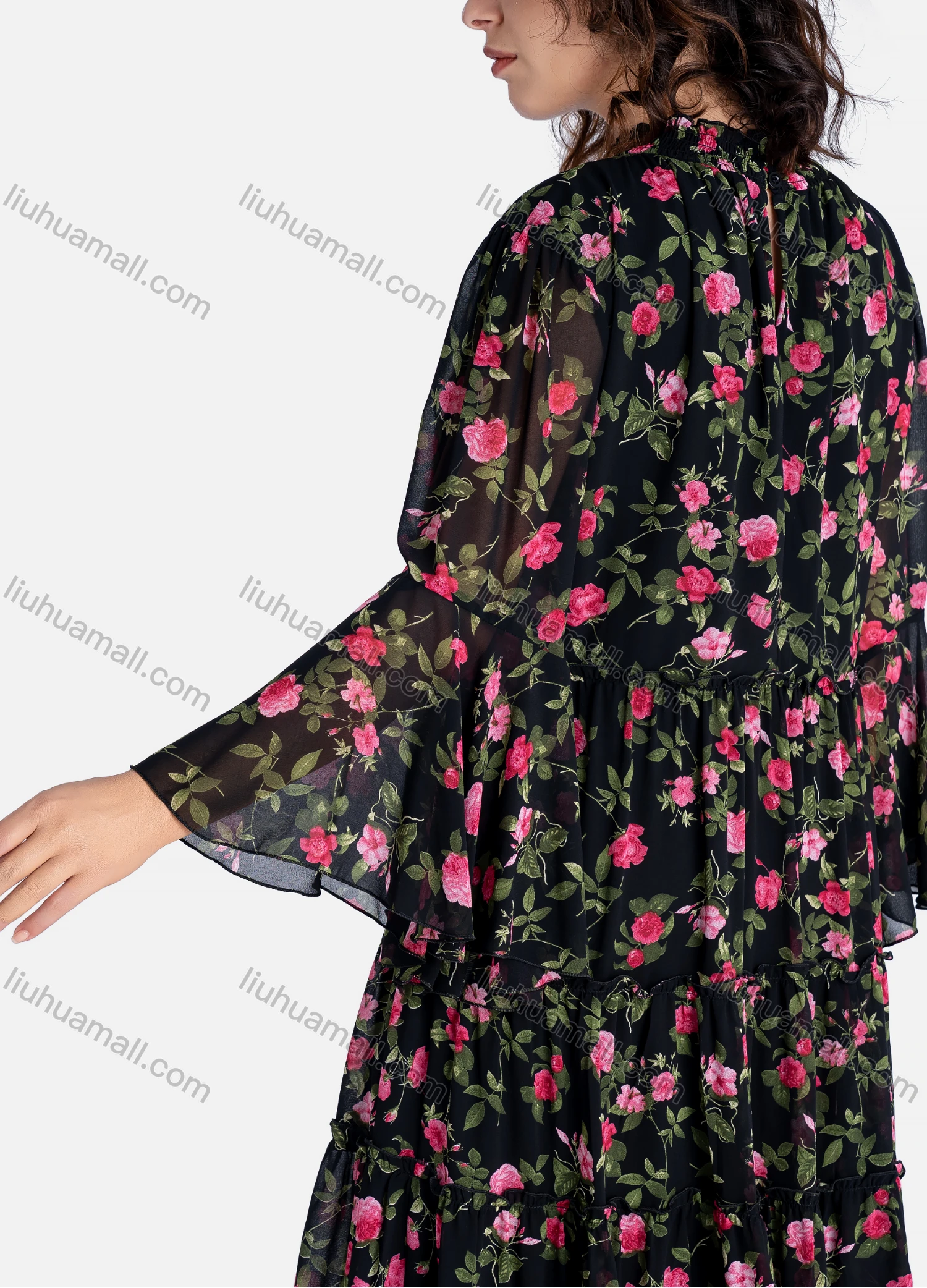Wholesale Women's Casual Floral Print Mock Neck Long Sleeve Ruffle Hem Midi Dress - Liuhuamall