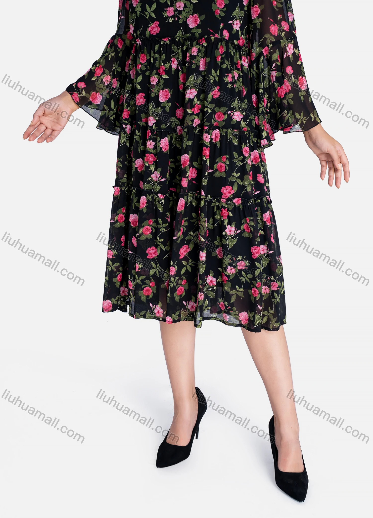 Wholesale Women's Casual Floral Print Mock Neck Long Sleeve Ruffle Hem Midi Dress - Liuhuamall