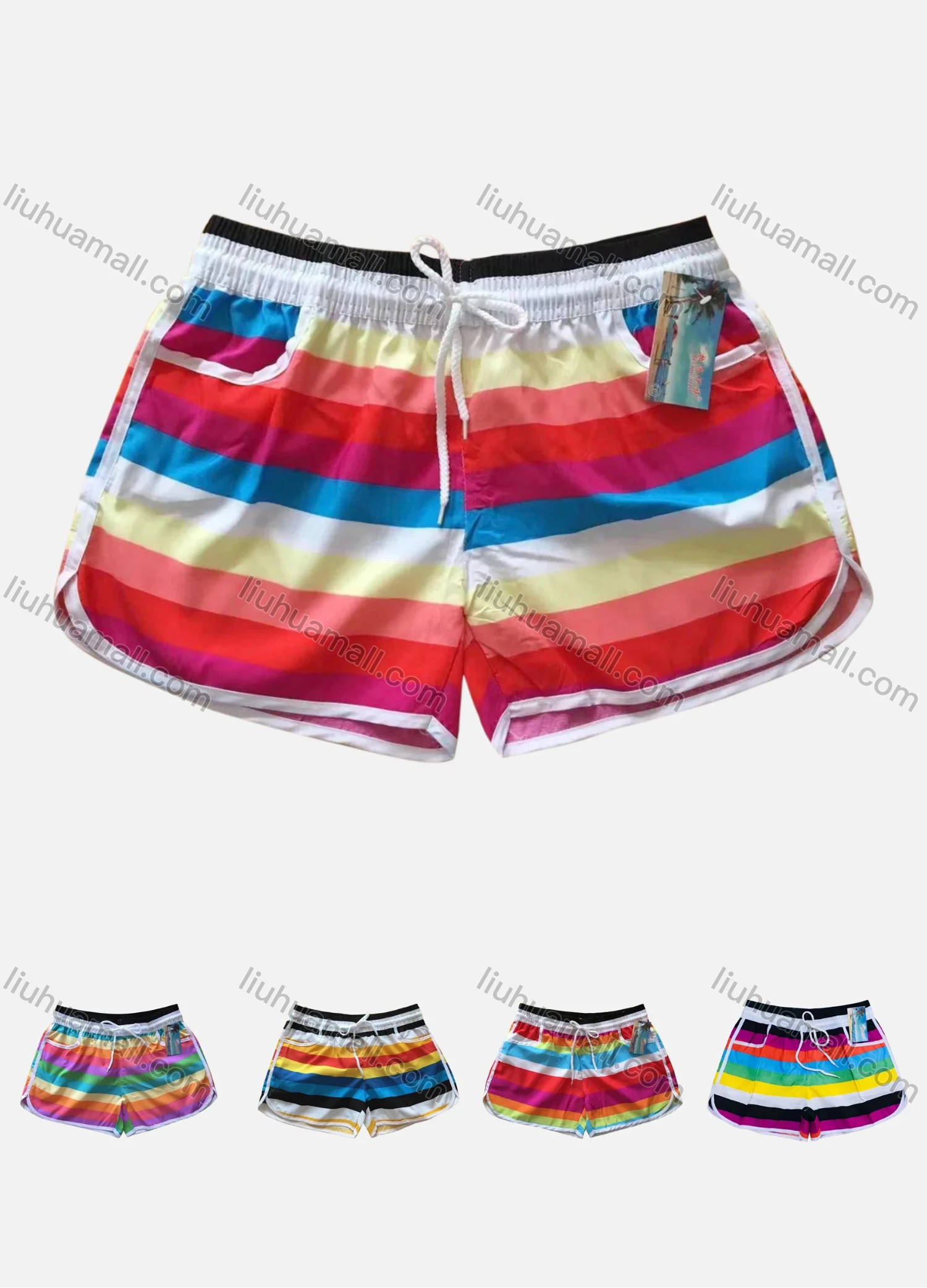 Wholesale Women's Vacation Stiching Color Pockets Drawstring Beach Shorts - Liuhuamall