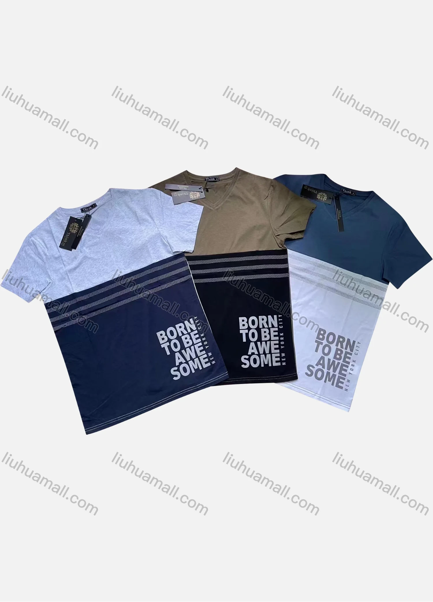 Wholesale Men's Casual Round Neck Short Sleeve Colorblock Letter Print Striped T-Shirt - Liuhuamall