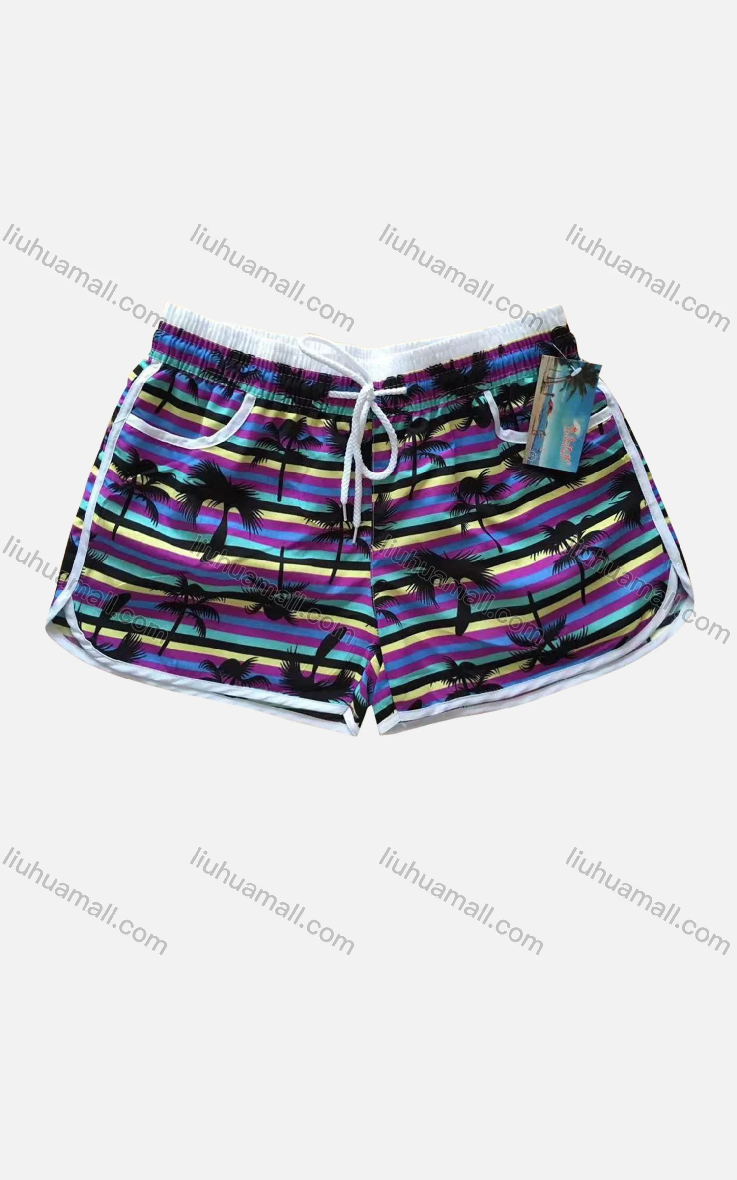 Wholesale Women's Vacation Contrast Tropical Print Patch Pocket Drawstring Beach Shorts - Liuhuamall