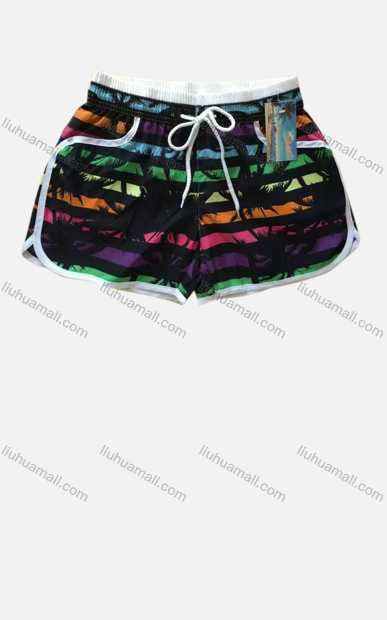 Wholesale Women's Vacation Contrast Tropical Print Patch Pocket Drawstring Beach Shorts - Liuhuamall