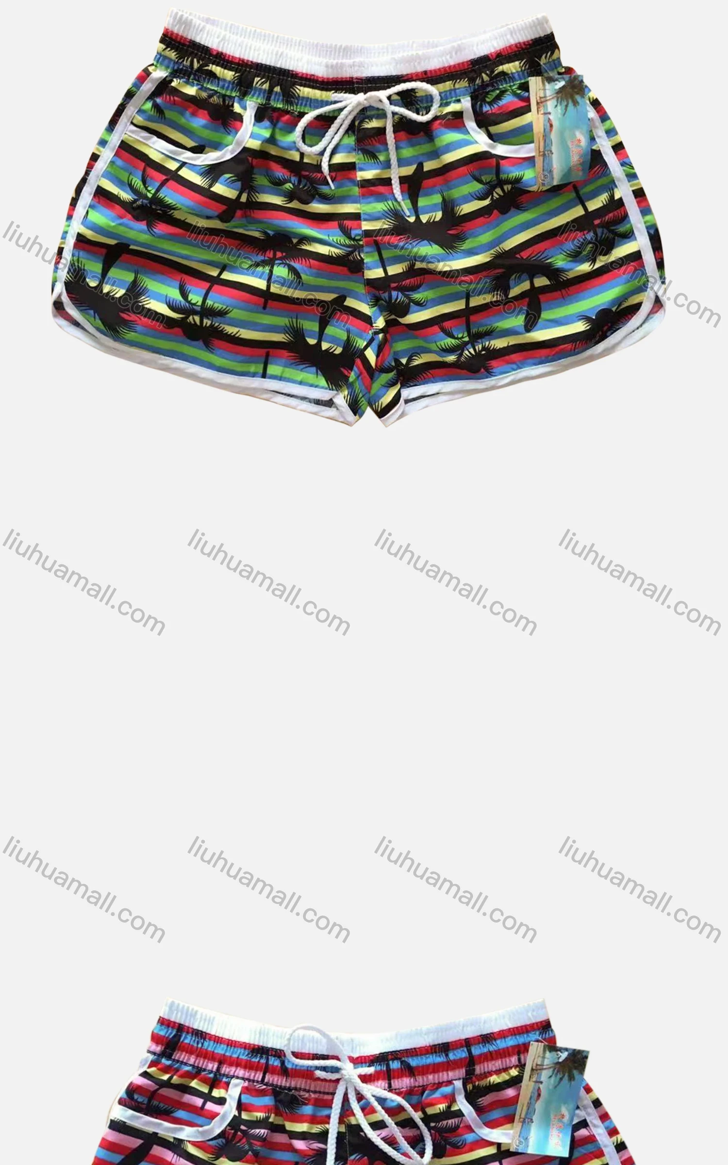 Wholesale Women's Vacation Contrast Tropical Print Patch Pocket Drawstring Beach Shorts - Liuhuamall