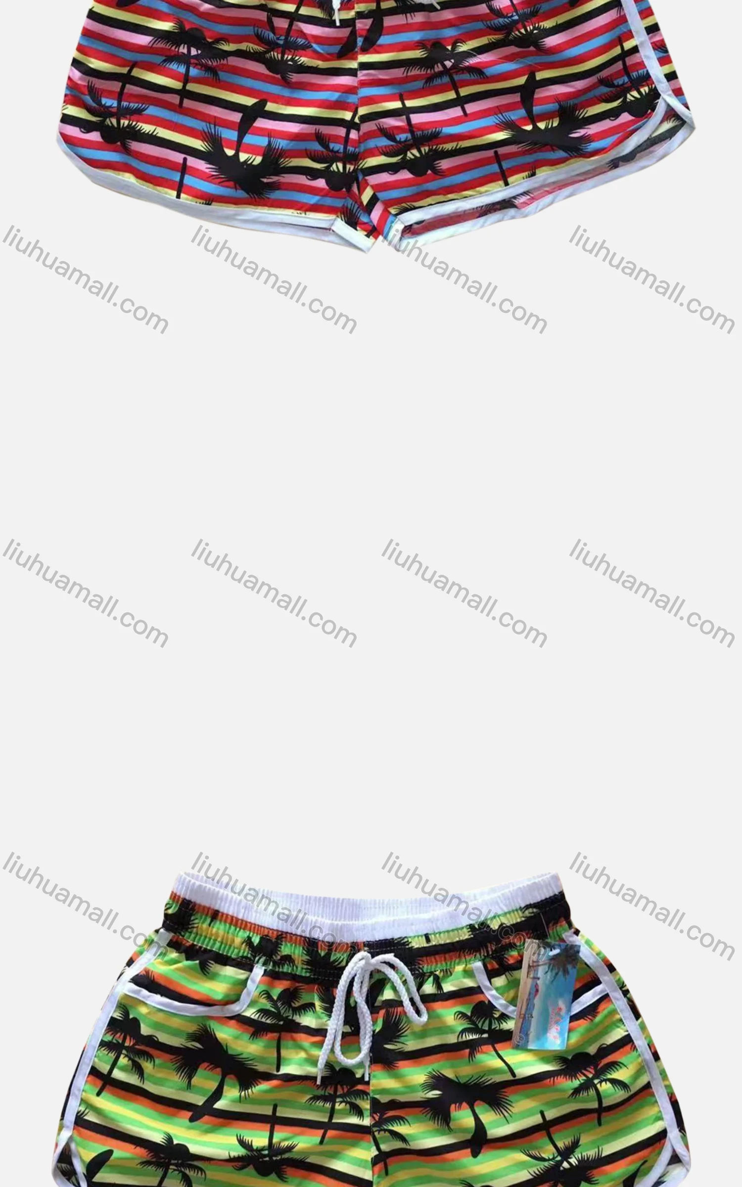 Wholesale Women's Vacation Contrast Tropical Print Patch Pocket Drawstring Beach Shorts - Liuhuamall