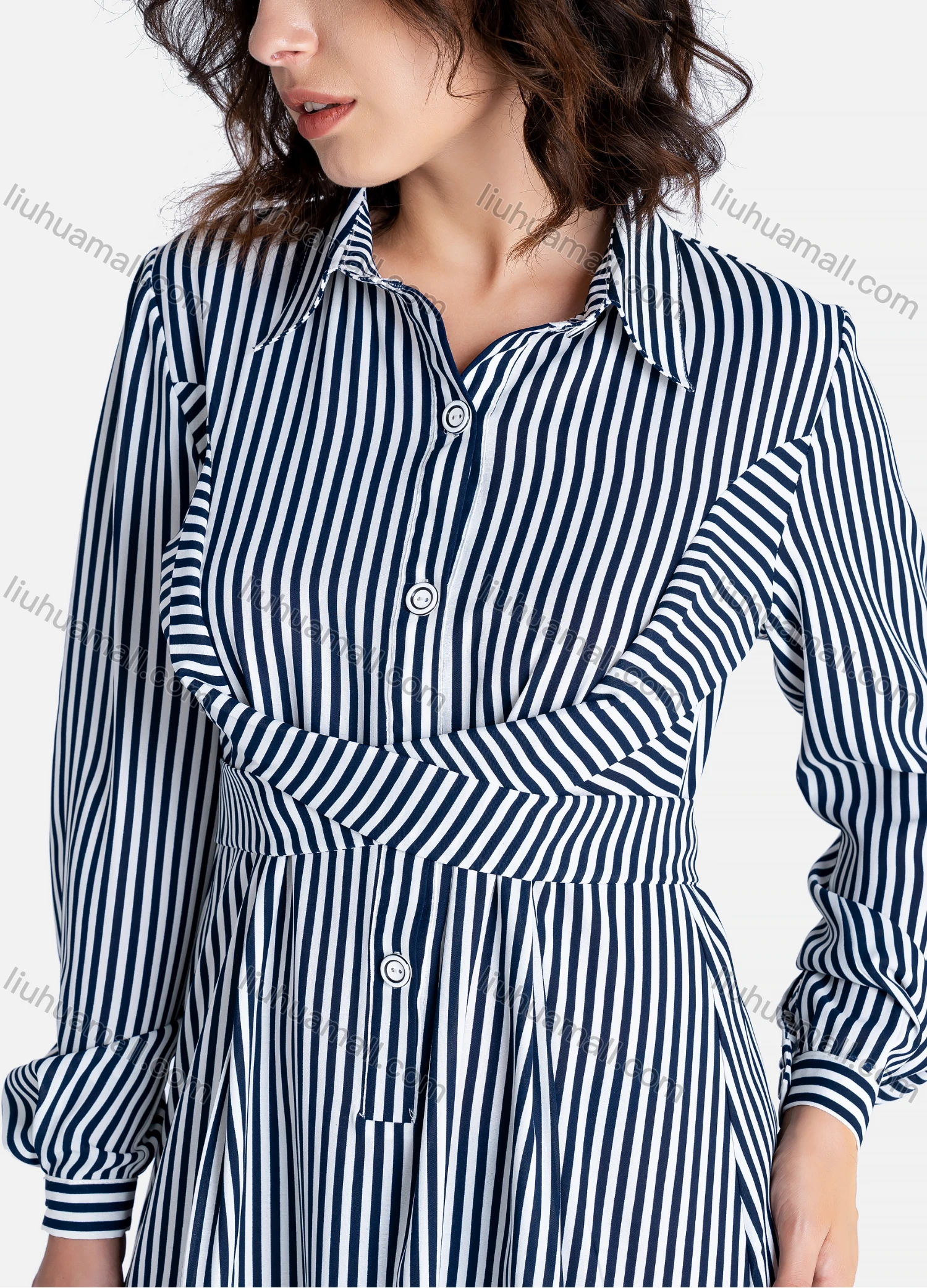 Wholesale Women's Casual Striped Button Front Long Sleeve Tie Back Ruffle Hem Midi Dress - Liuhuamall