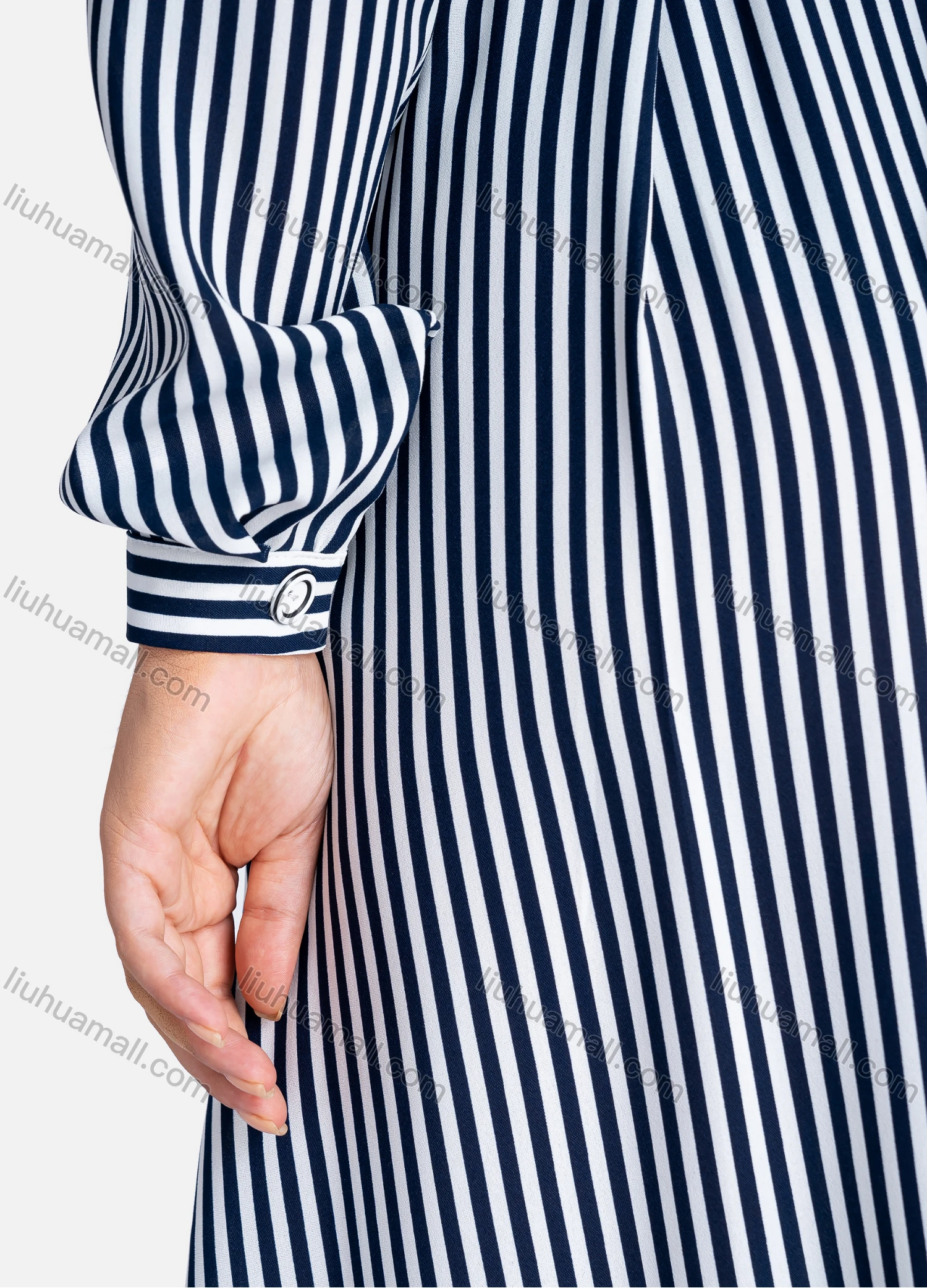 Wholesale Women's Casual Striped Button Front Long Sleeve Tie Back Ruffle Hem Midi Dress - Liuhuamall