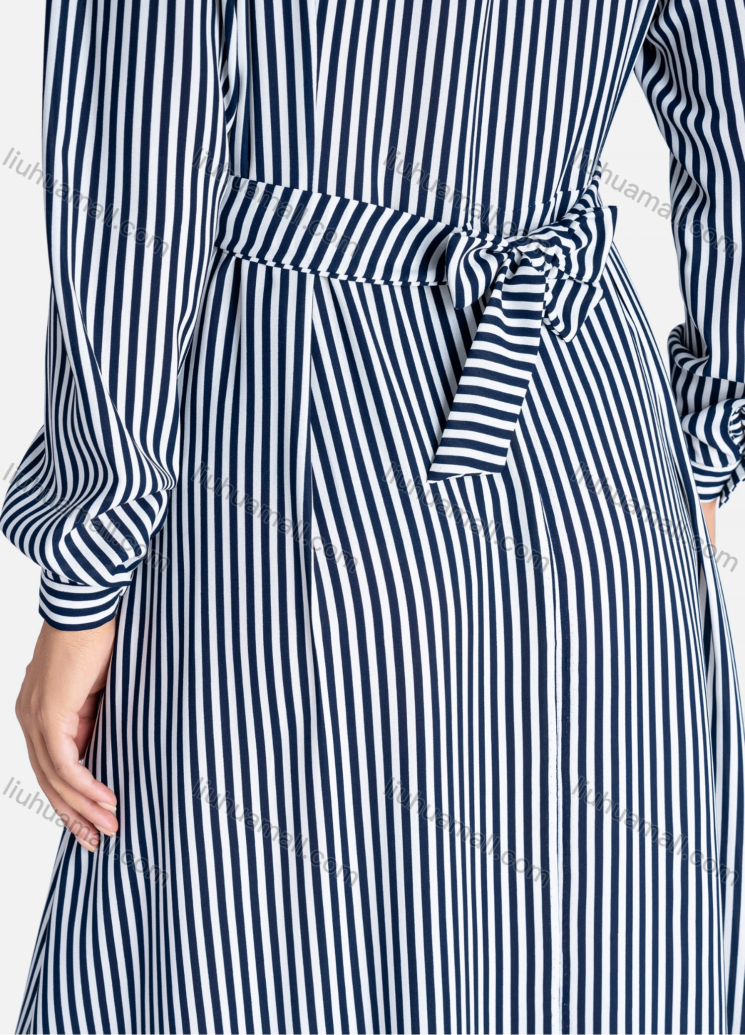 Wholesale Women's Casual Striped Button Front Long Sleeve Tie Back Ruffle Hem Midi Dress - Liuhuamall