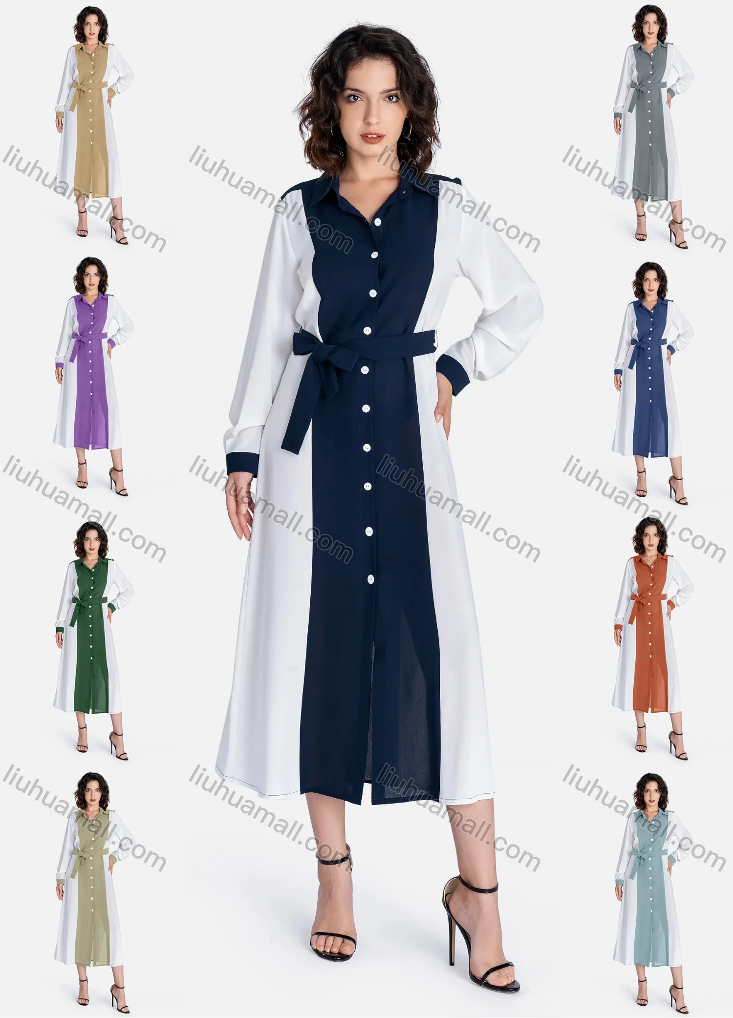 Wholesale Women's Casual Colorblock Button Down Long Sleeve Tie Front Ruffle Hem Midi Dress A-1027# - Liuhuamall
