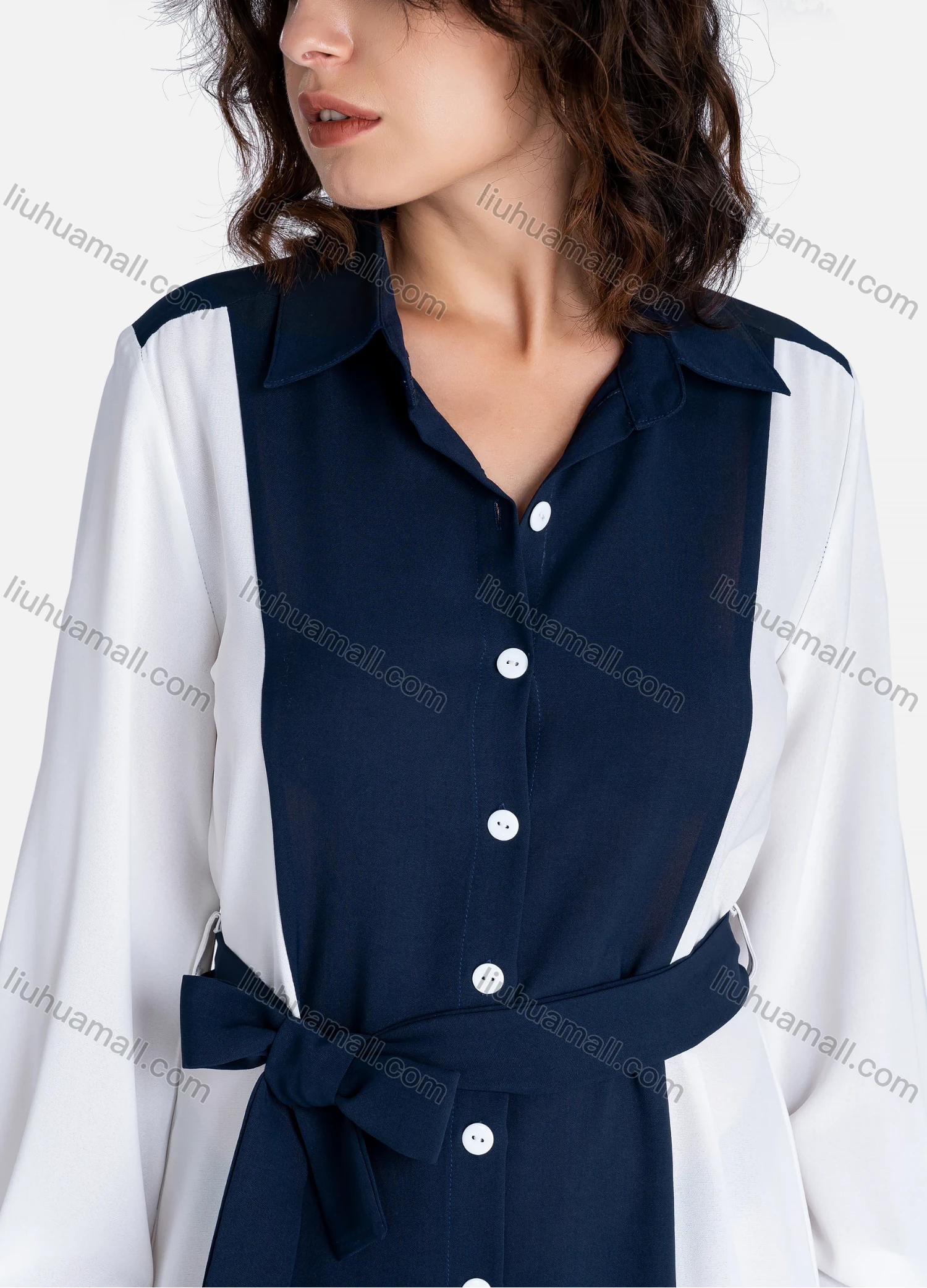 Wholesale Women's Casual Colorblock Button Down Long Sleeve Tie Front Ruffle Hem Midi Dress A-1027# - Liuhuamall