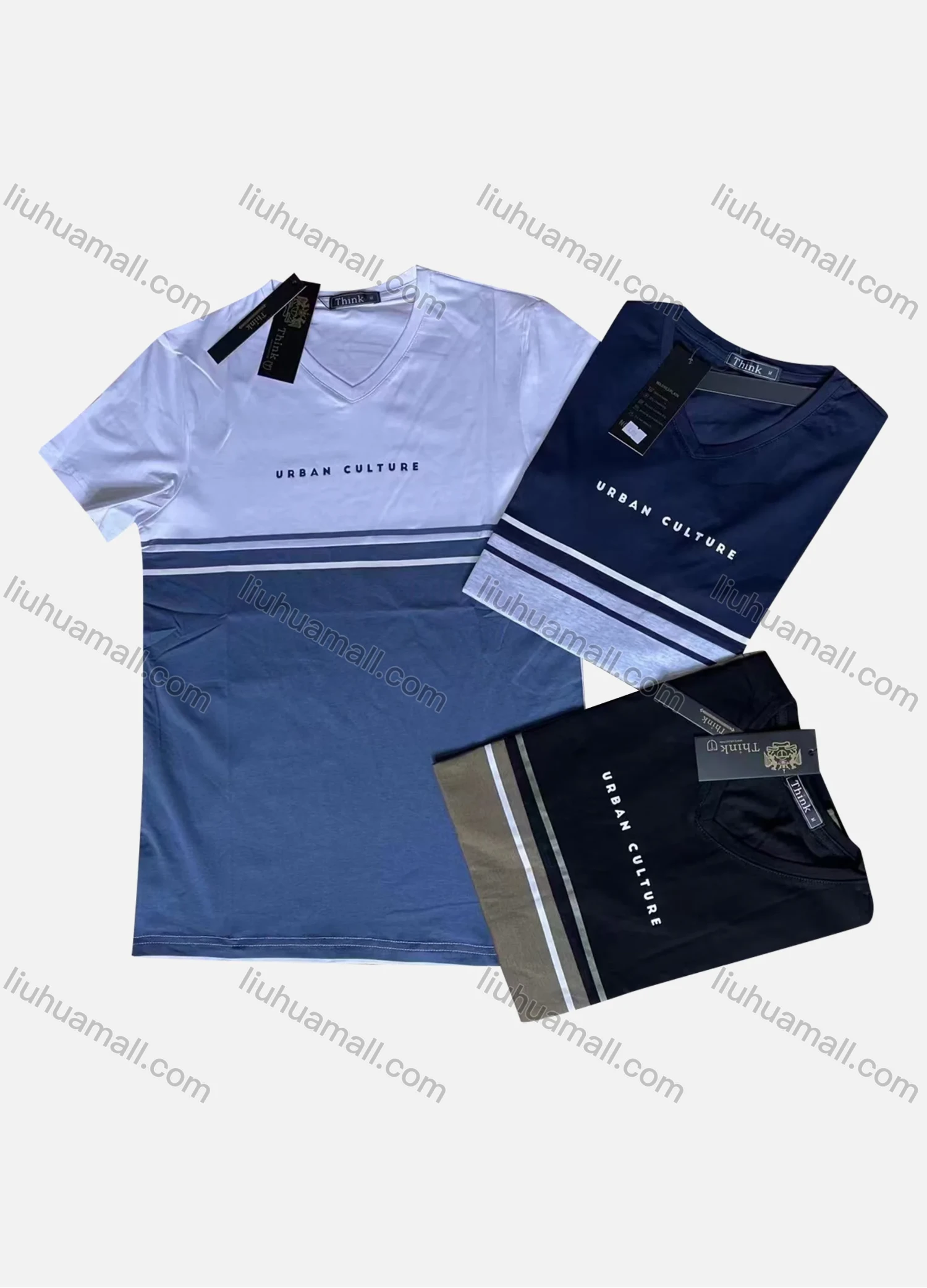 Wholesale Men's Casual V Neck Short Sleeve Striped Letter Colorblock Print T-Shirt - Liuhuamall