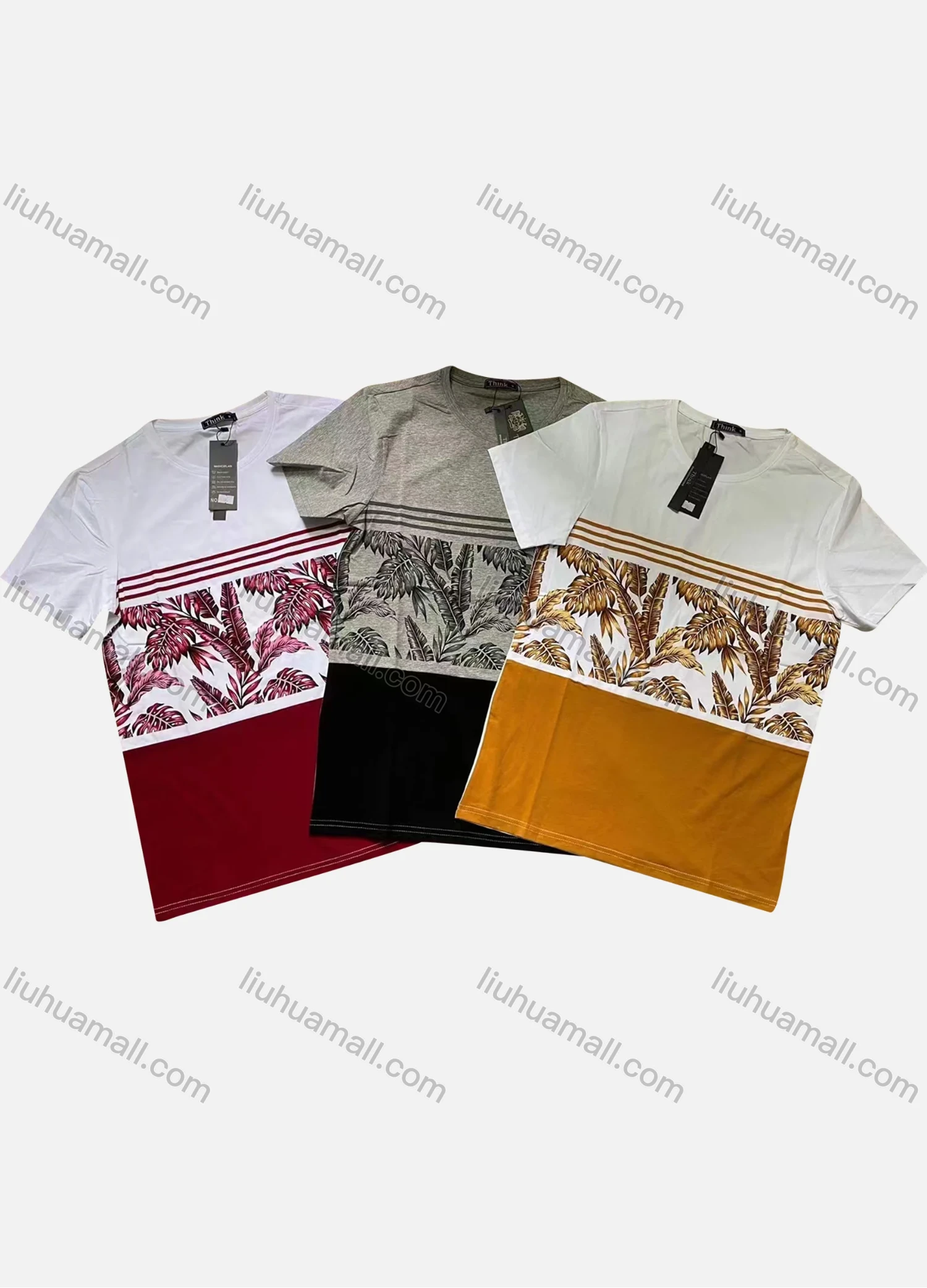 Wholesale Men's Casual Round Neck Short Sleeve Plants Striped Print Colorblock T-Shirt - Liuhuamall