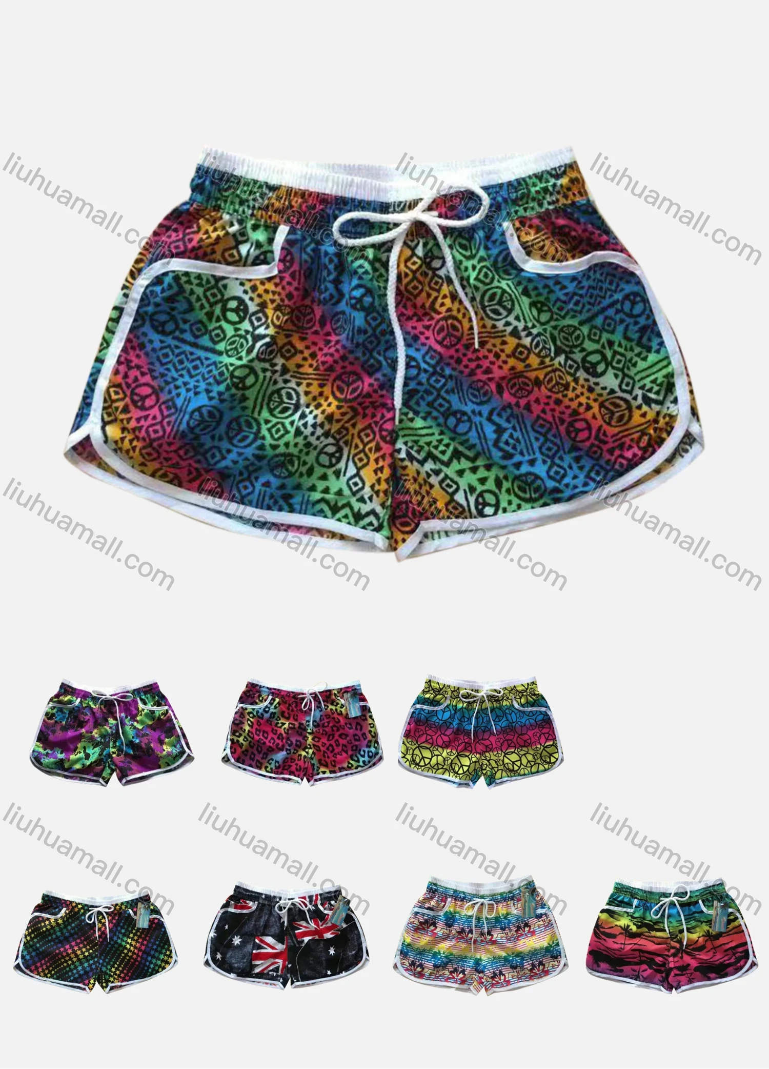 Wholesale Women's Vacation Contrast Geo Letter Print Drawstring Beach Shorts - Liuhuamall