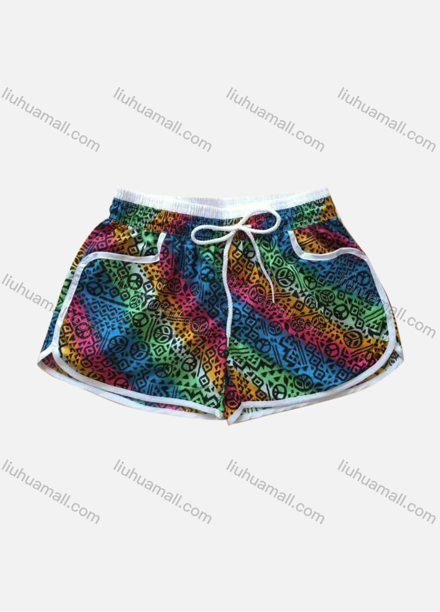 Wholesale Women's Vacation Contrast Geo Letter Print Drawstring Beach Shorts - Liuhuamall