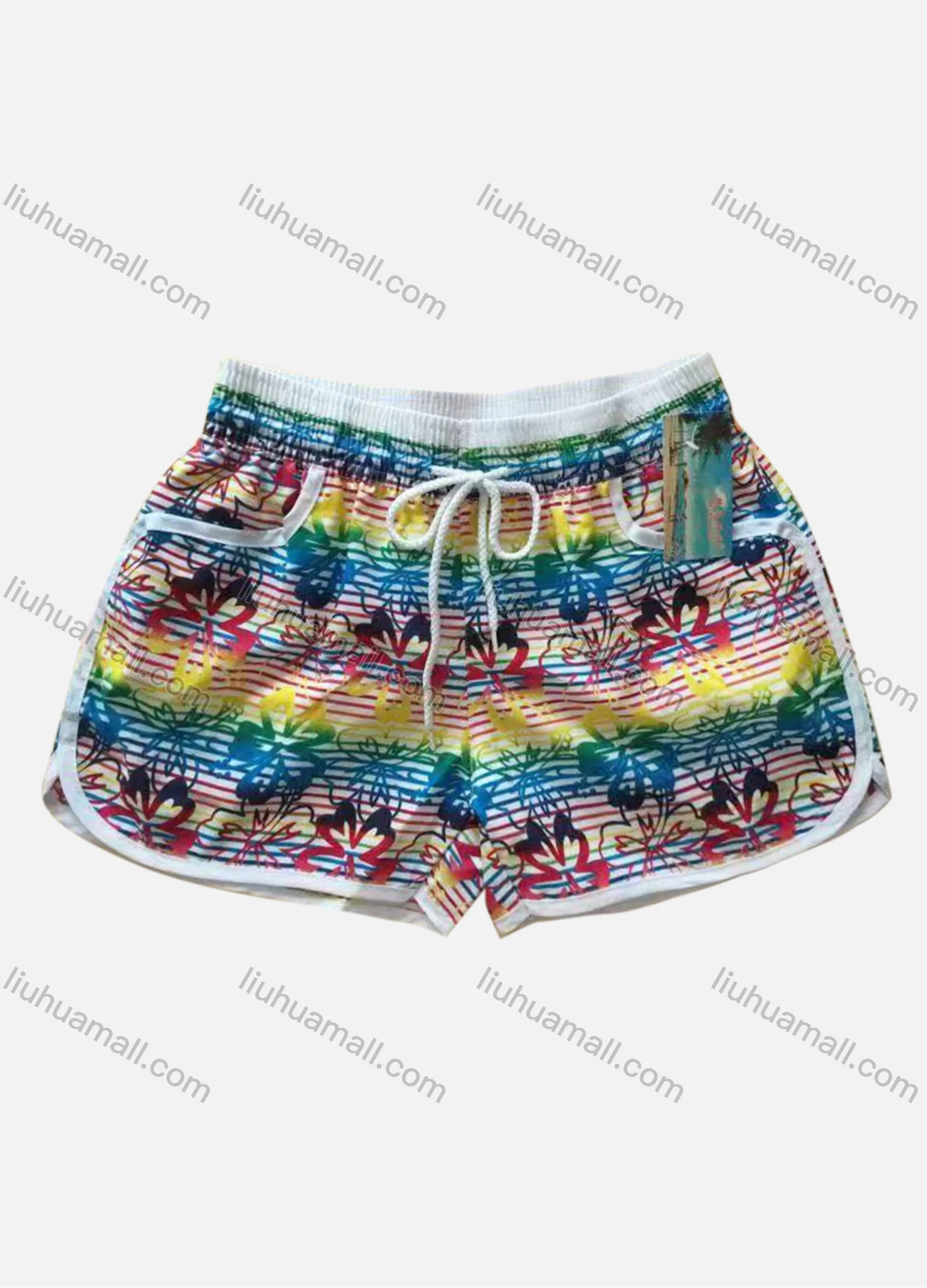 Wholesale Women's Vacation Contrast Geo Letter Print Drawstring Beach Shorts - Liuhuamall