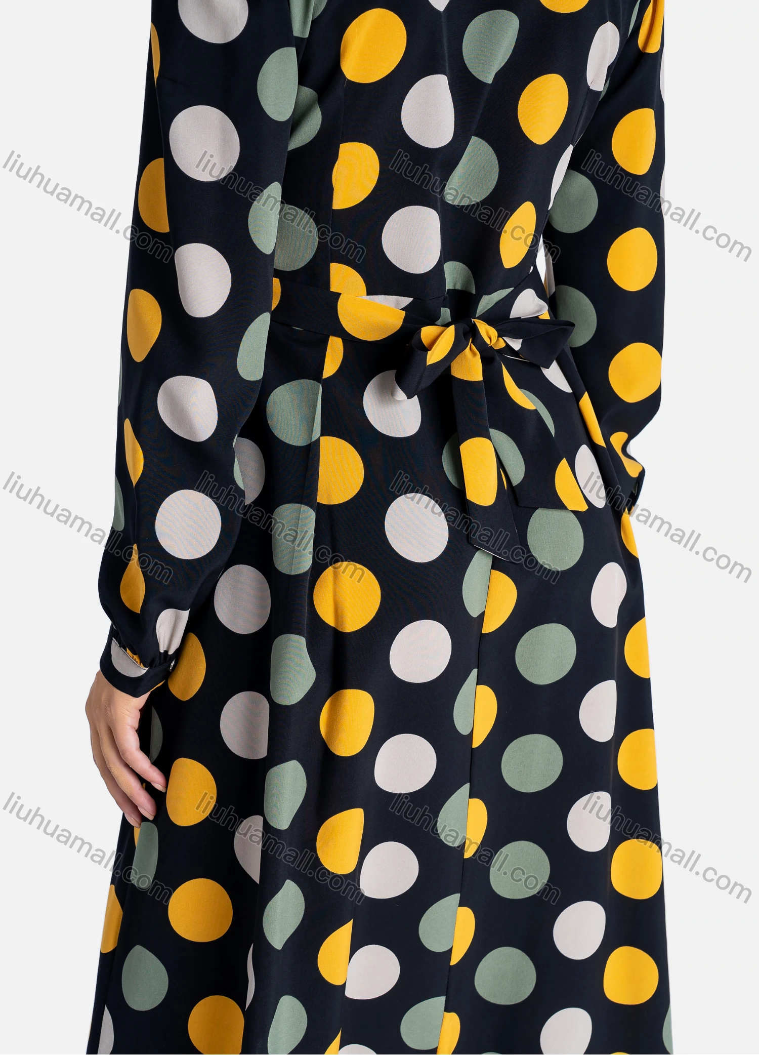 Wholesale Women's Casual Polka Dot Button Down Lace Trim Tie Back Asymmetrical Hem Midi Dress - Liuhuamall