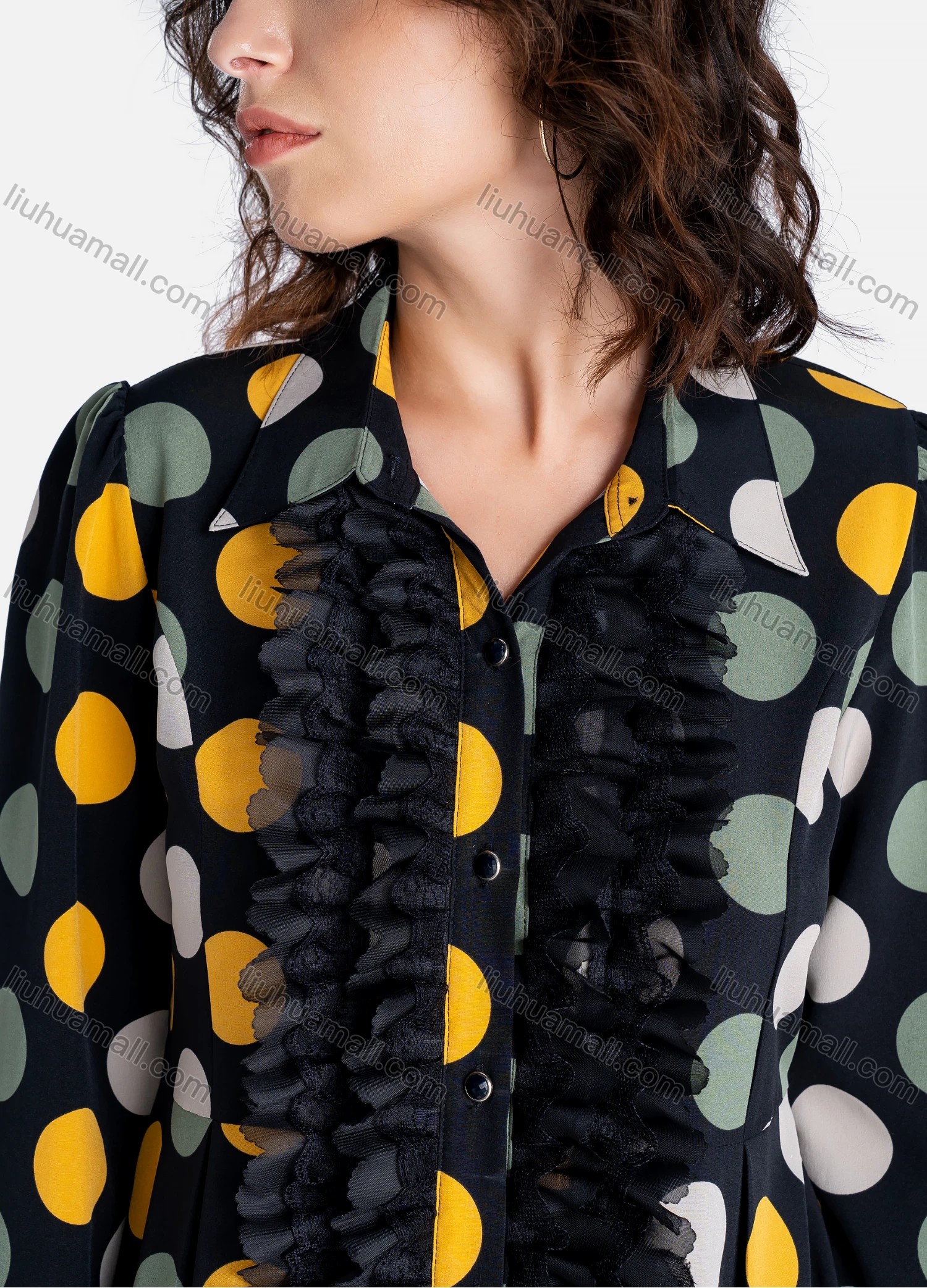 Wholesale Women's Casual Polka Dot Button Down Lace Trim Tie Back Asymmetrical Hem Midi Dress - Liuhuamall