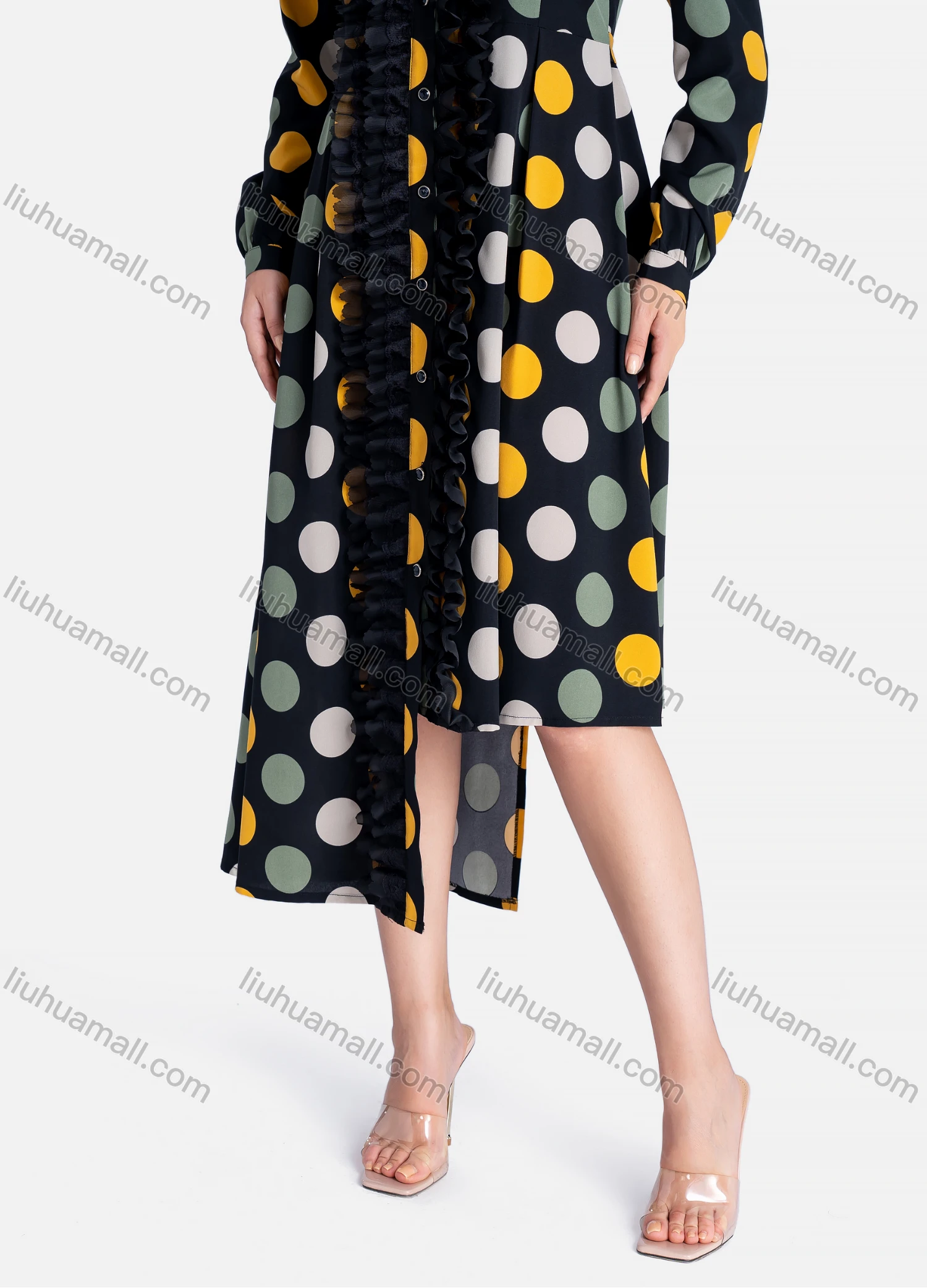 Wholesale Women's Casual Polka Dot Button Down Lace Trim Tie Back Asymmetrical Hem Midi Dress - Liuhuamall