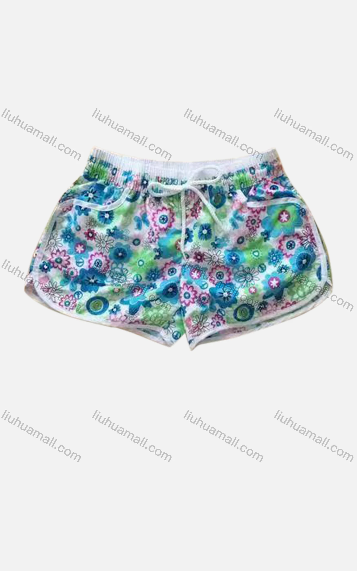 Wholesale Women's Vacation Contrast Floral Print Drawstring Beach Shorts - Liuhuamall