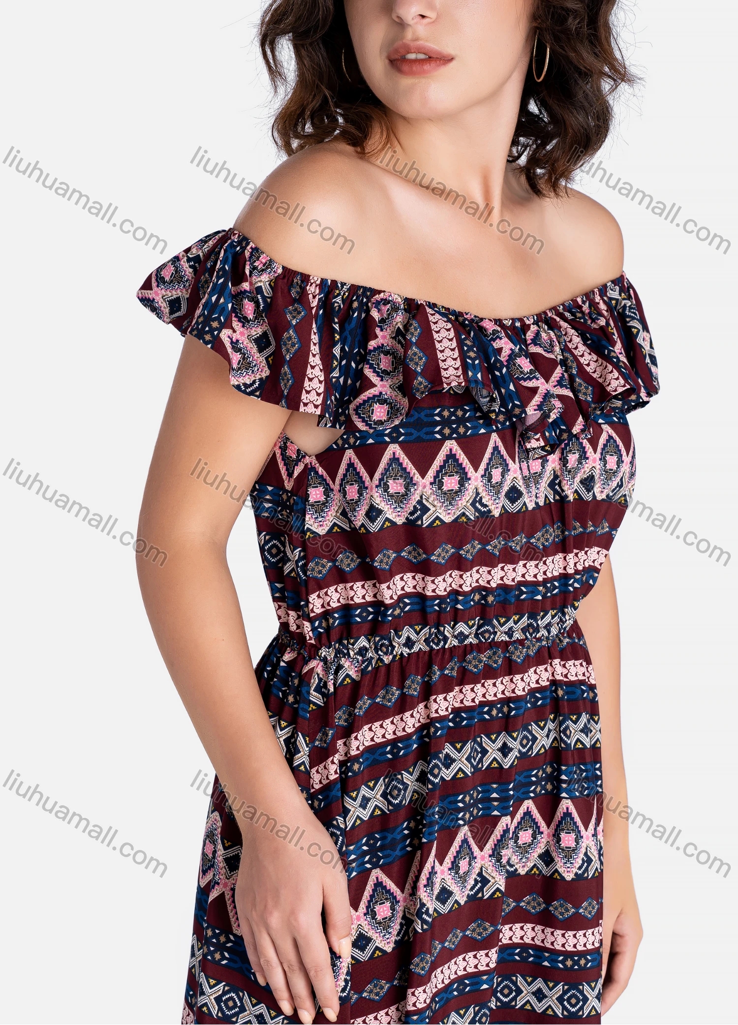 Wholesale Women's Casual Vintage Print Ruffle Trim Off Shoulder Ruffle Hem Maxi Dress - Liuhuamall