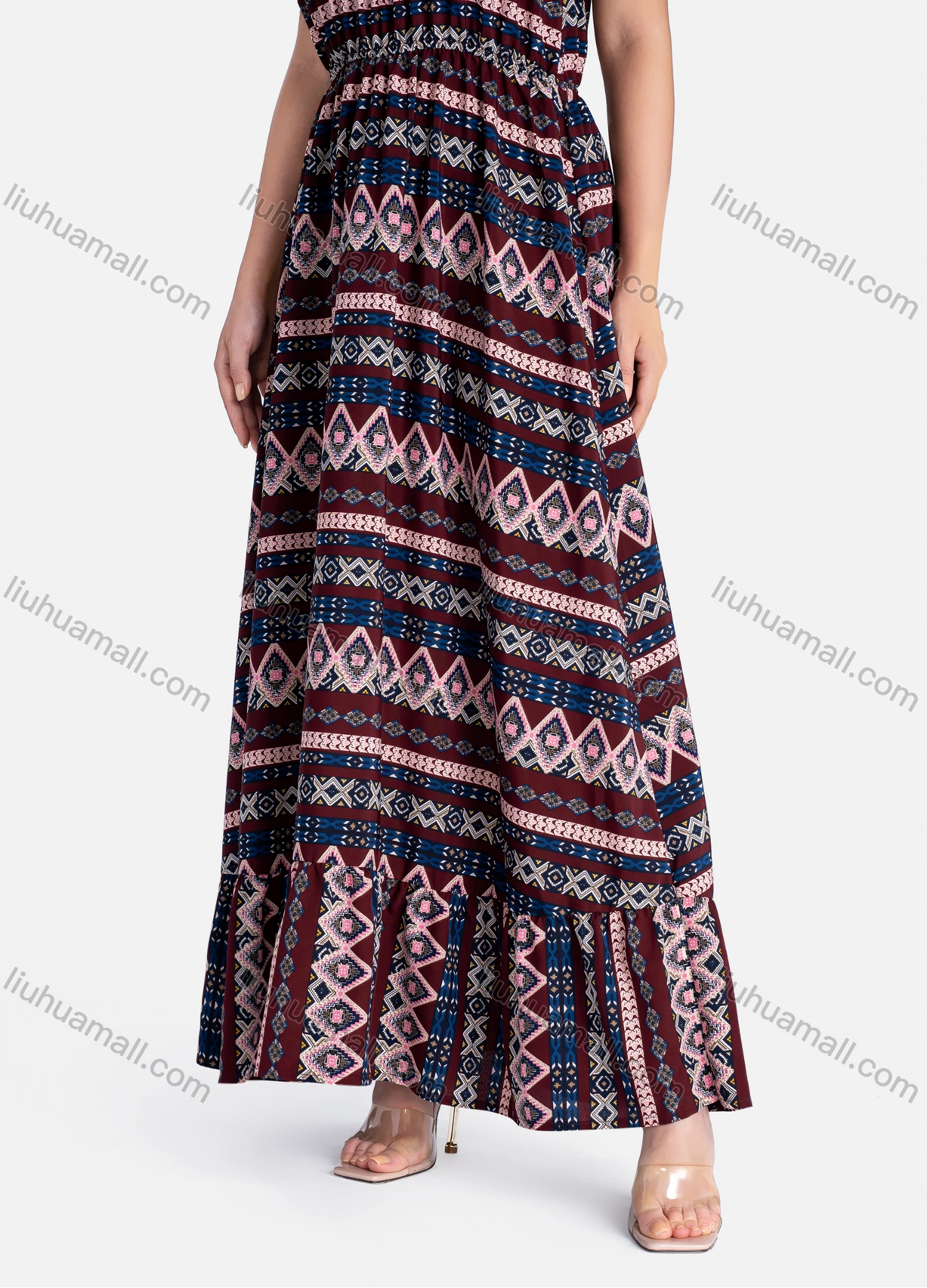 Wholesale Women's Casual Vintage Print Ruffle Trim Off Shoulder Ruffle Hem Maxi Dress - Liuhuamall