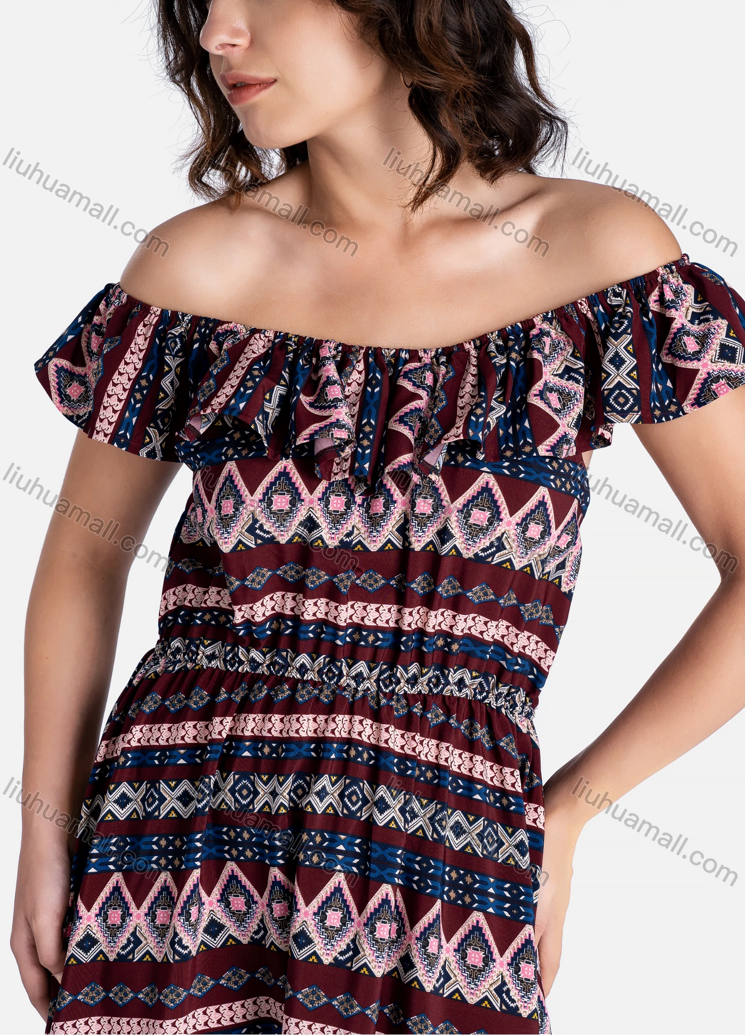 Wholesale Women's Casual Vintage Print Ruffle Trim Off Shoulder Ruffle Hem Maxi Dress - Liuhuamall