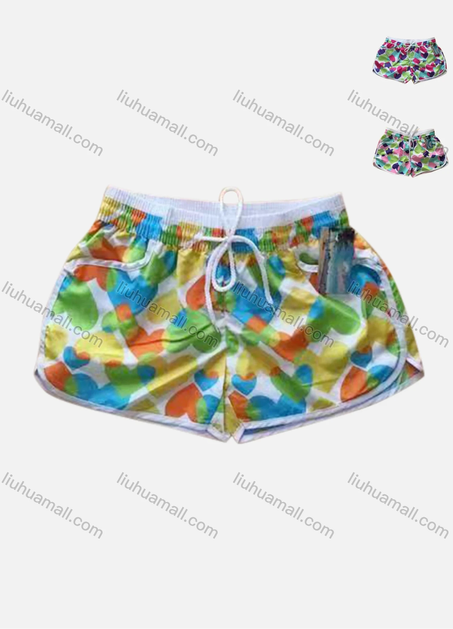 Wholesale Women's Vacation Contrast Heart Print Drawstring Beach Shorts - Liuhuamall