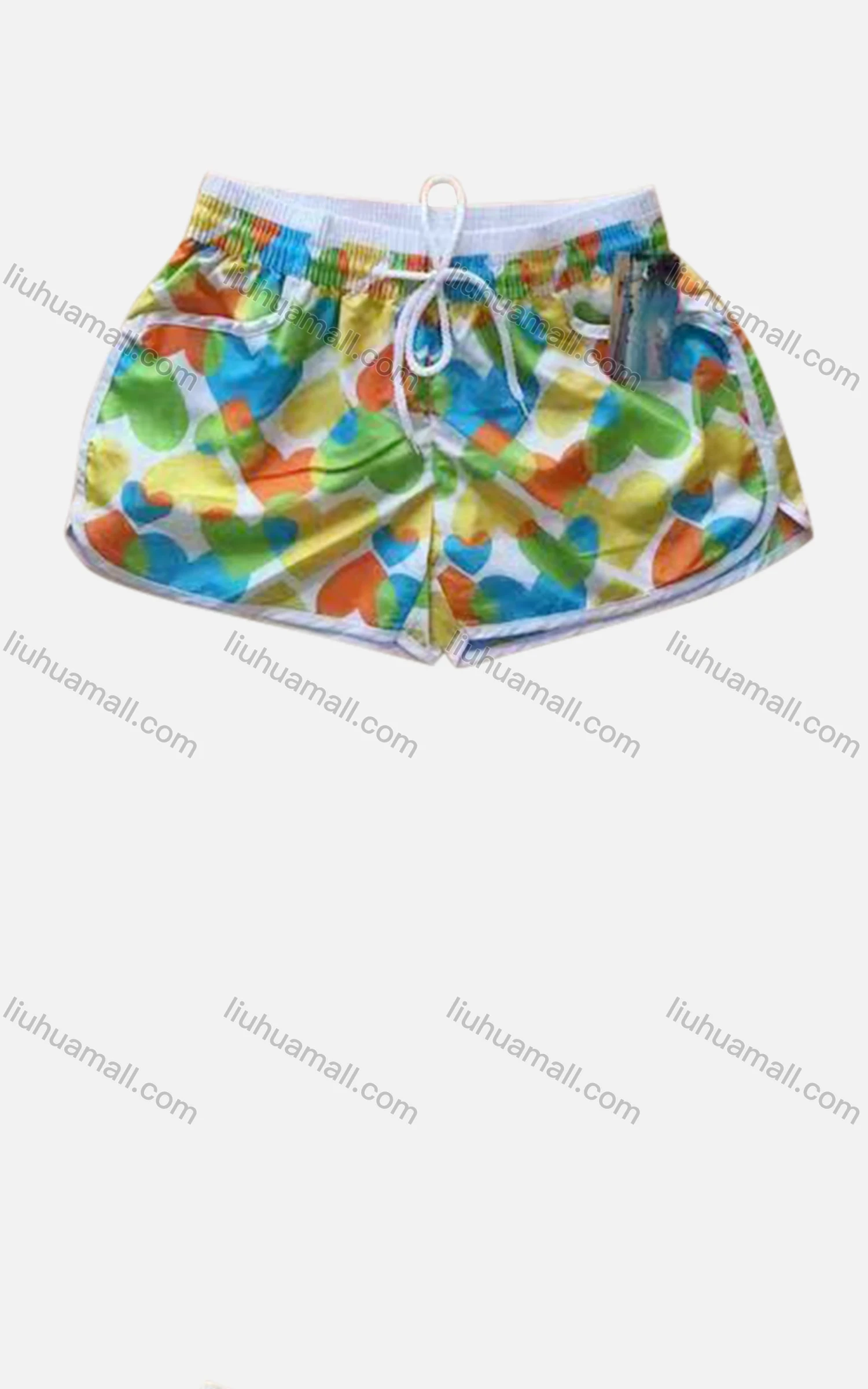 Wholesale Women's Vacation Contrast Heart Print Drawstring Beach Shorts - Liuhuamall