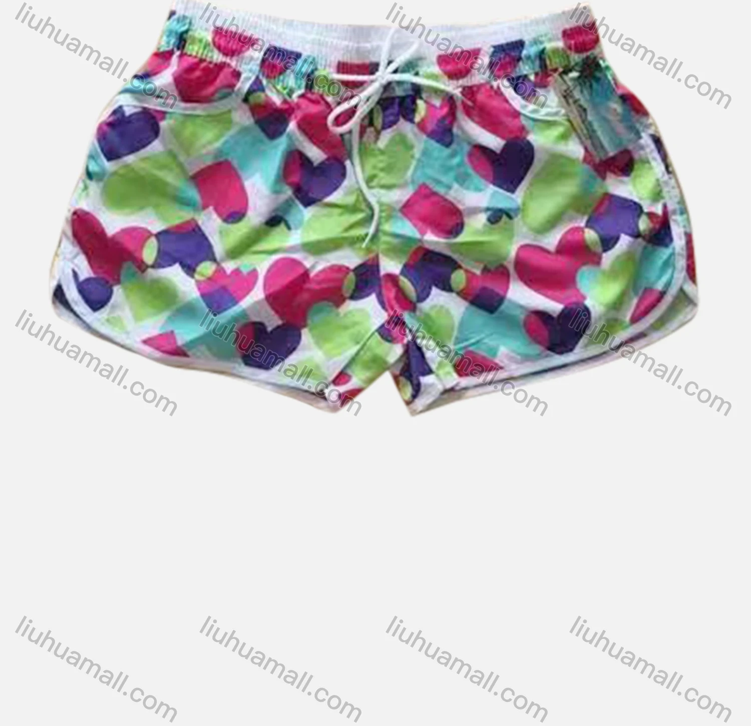 Wholesale Women's Vacation Contrast Heart Print Drawstring Beach Shorts - Liuhuamall
