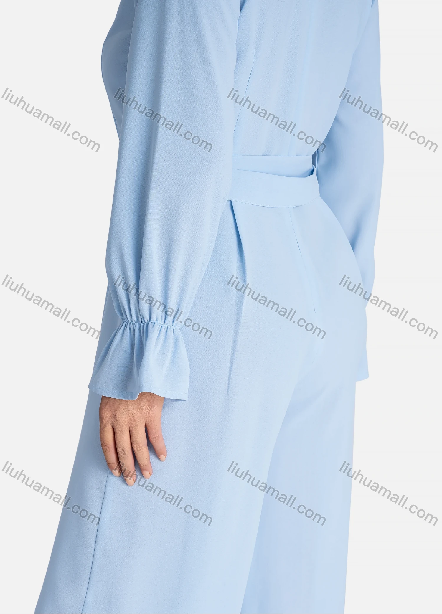 Wholesale Women's Casual Plain V Neck Long Sleeve Jumpsuit With Belt A-1024# - Liuhuamall