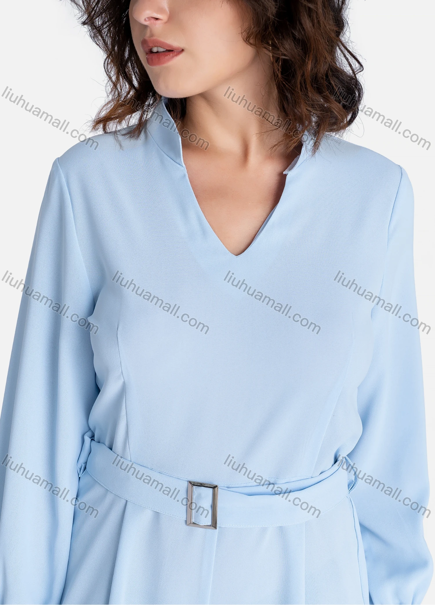 Wholesale Women's Casual Plain V Neck Long Sleeve Jumpsuit With Belt A-1024# - Liuhuamall