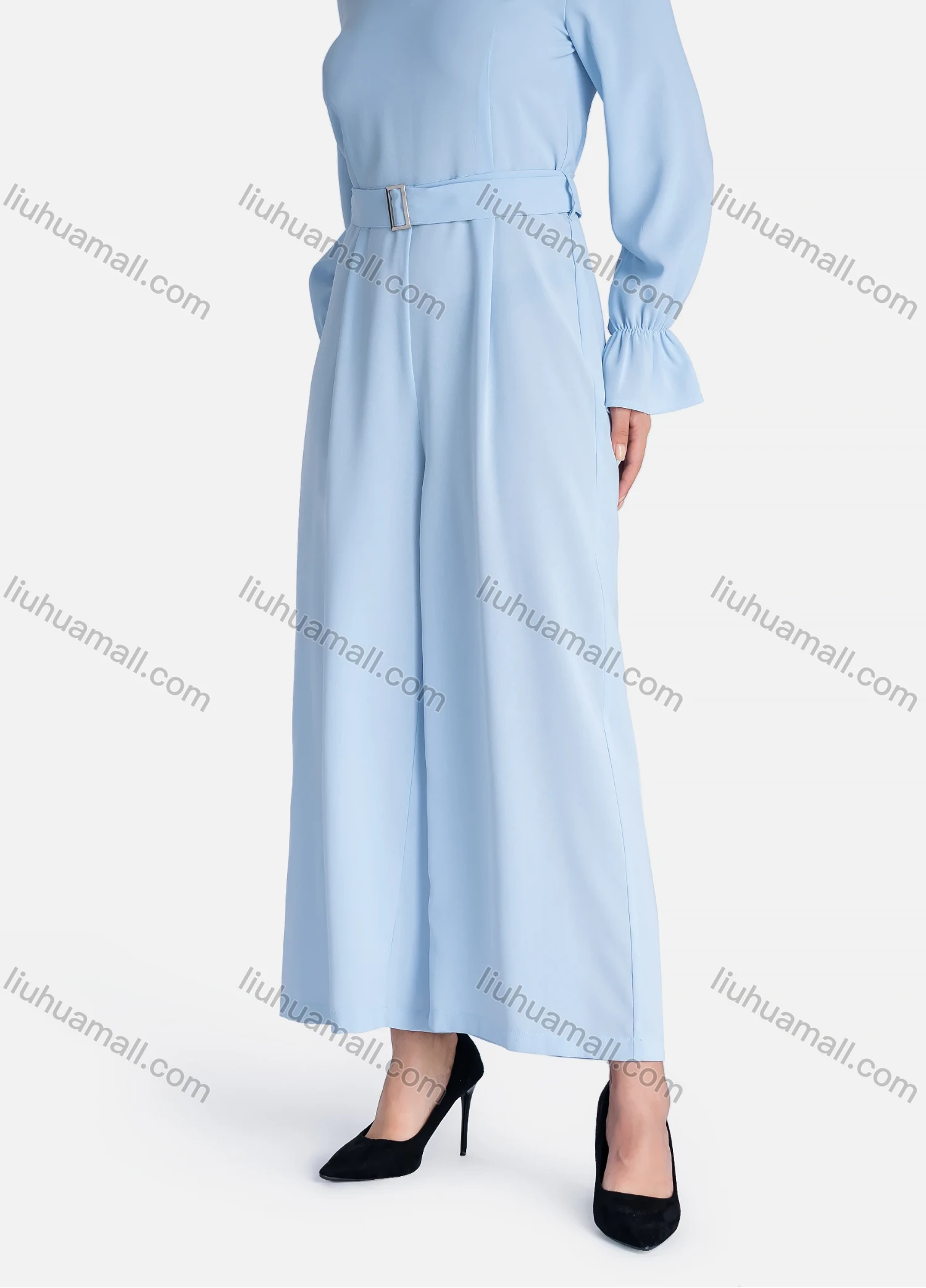 Wholesale Women's Casual Plain V Neck Long Sleeve Jumpsuit With Belt A-1024# - Liuhuamall