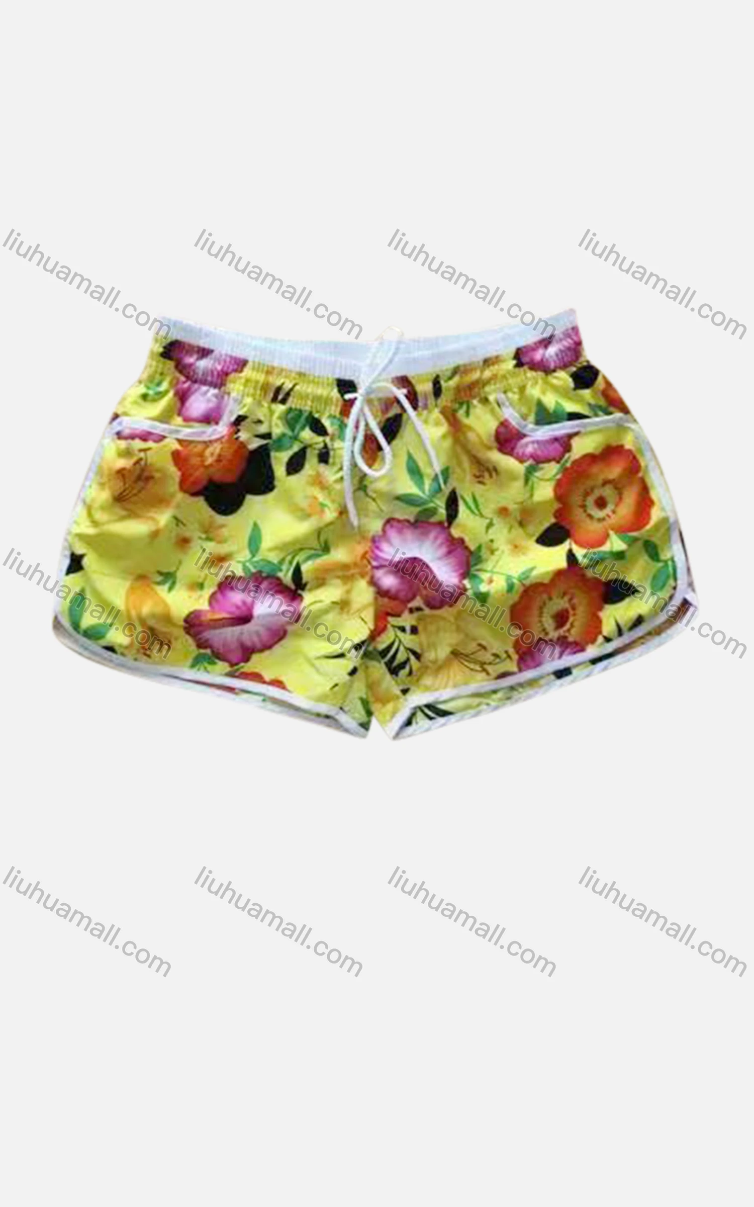 Wholesale Women's Vacation Contrast Floral Print Drawstring Beach Shorts - Liuhuamall