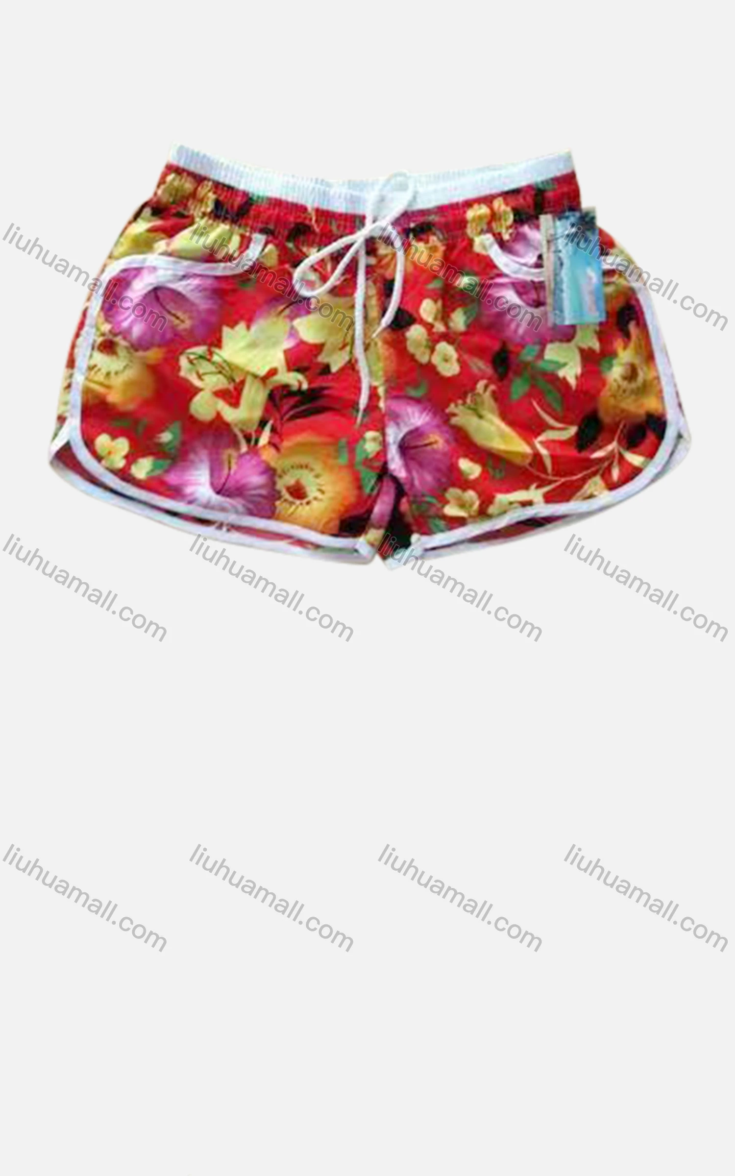 Wholesale Women's Vacation Contrast Floral Print Drawstring Beach Shorts - Liuhuamall