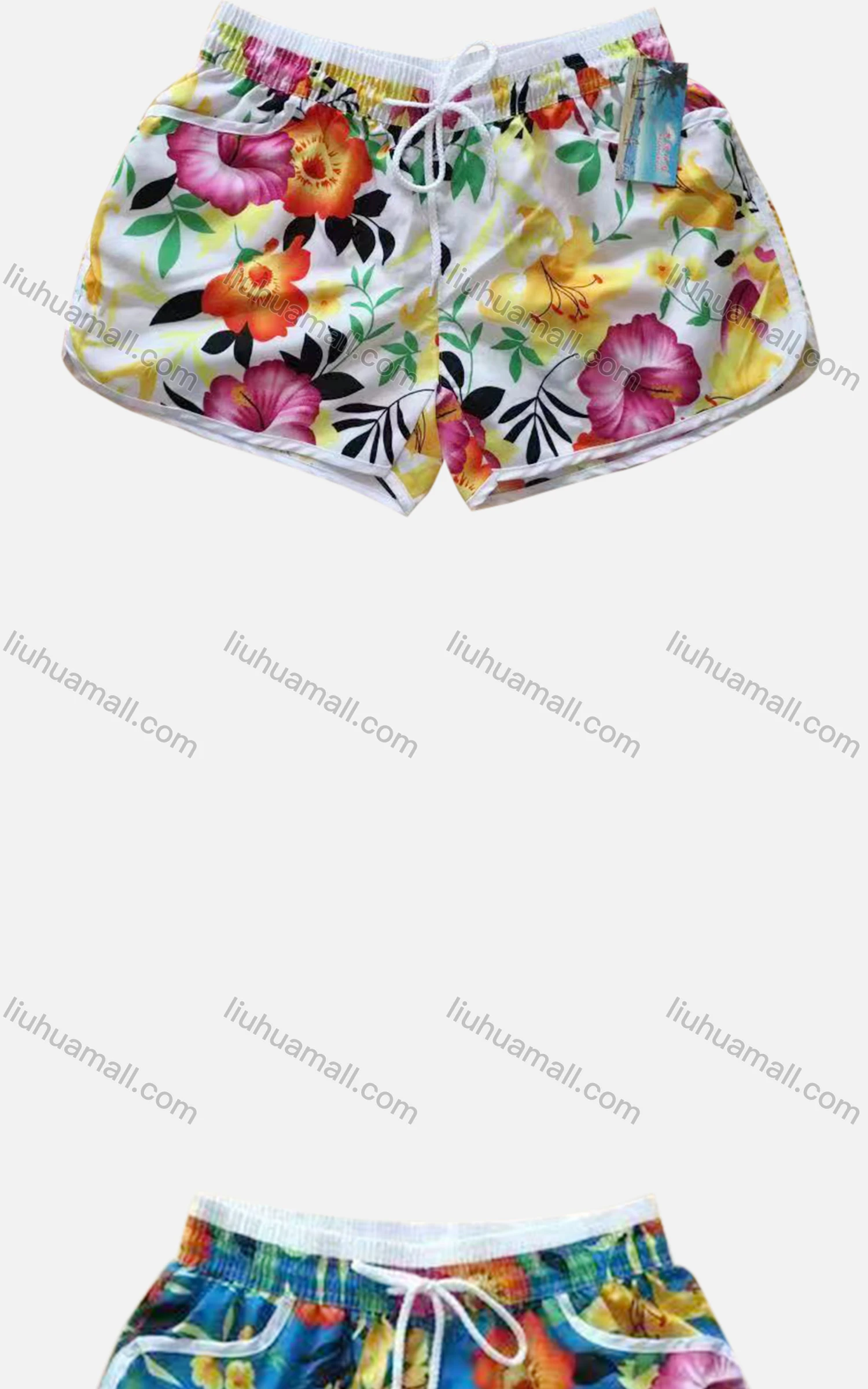 Wholesale Women's Vacation Contrast Floral Print Drawstring Beach Shorts - Liuhuamall