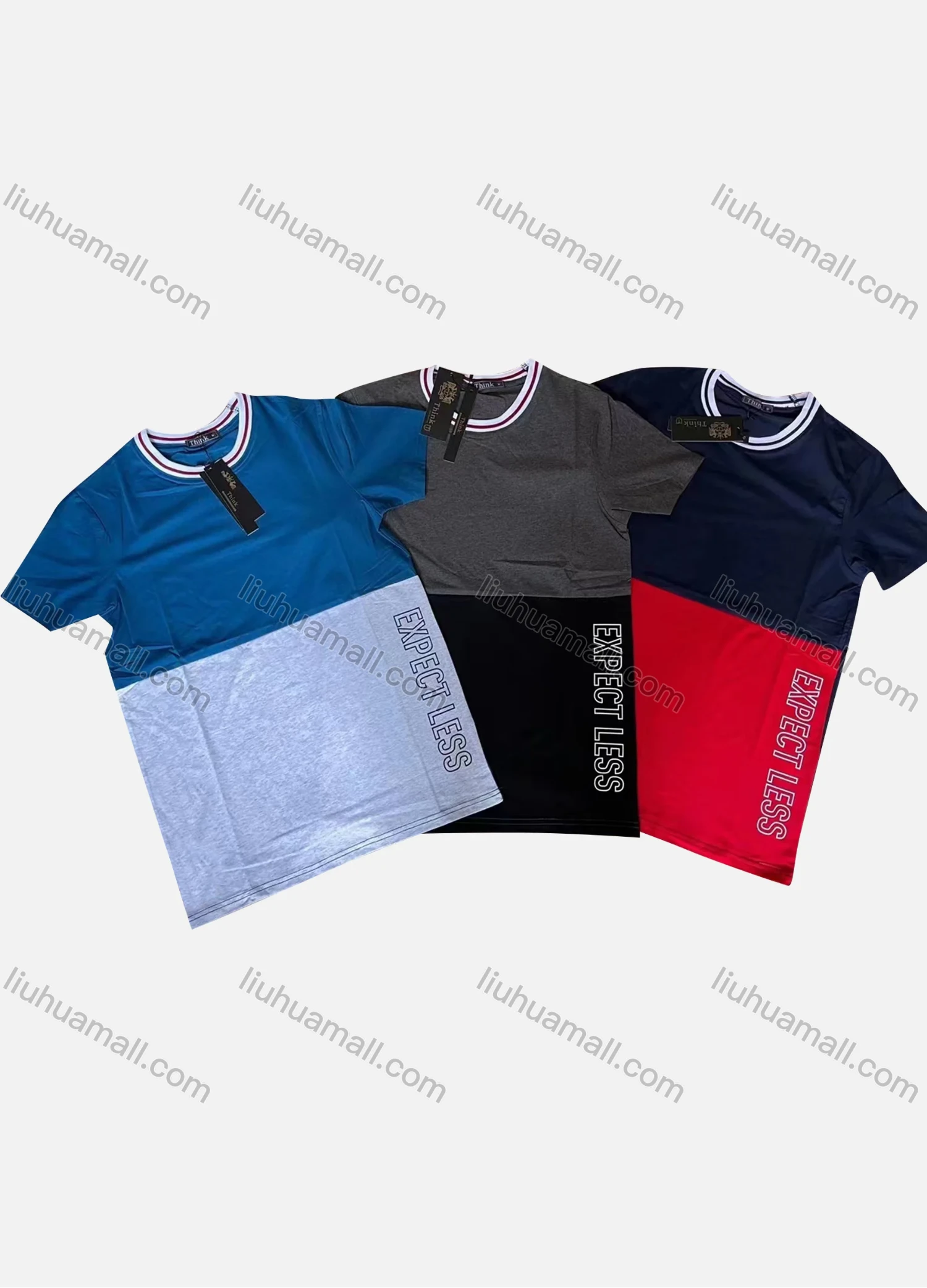 Wholesale Men's Casual Round Neck Short Sleeve Letter Colorblock Print Striped T-Shirt - Liuhuamall
