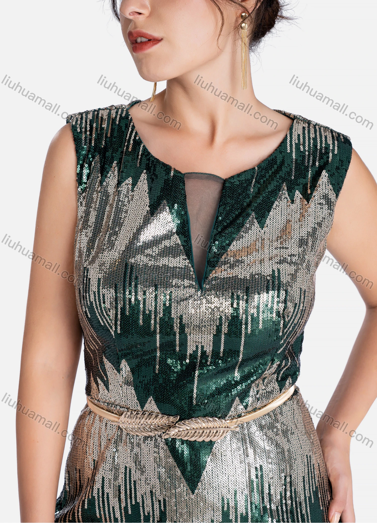 Wholesale Women's Elegant Crew Neck Sequin Floor Length Evening Dress - Liuhuamall