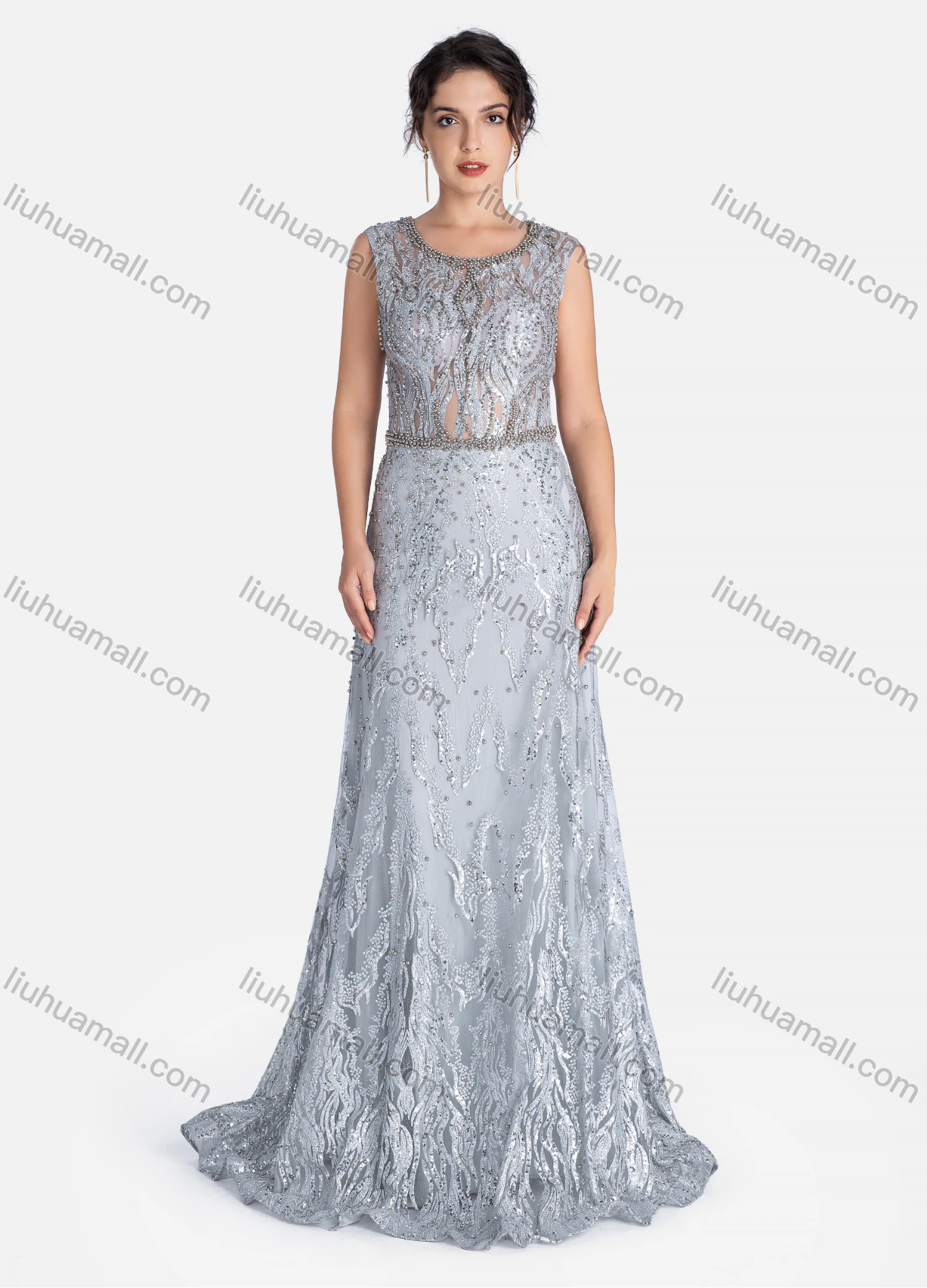 Wholesale Women's Elegant Crew Neck Sequin Beaded Floor Length Evening Dress - Liuhuamall