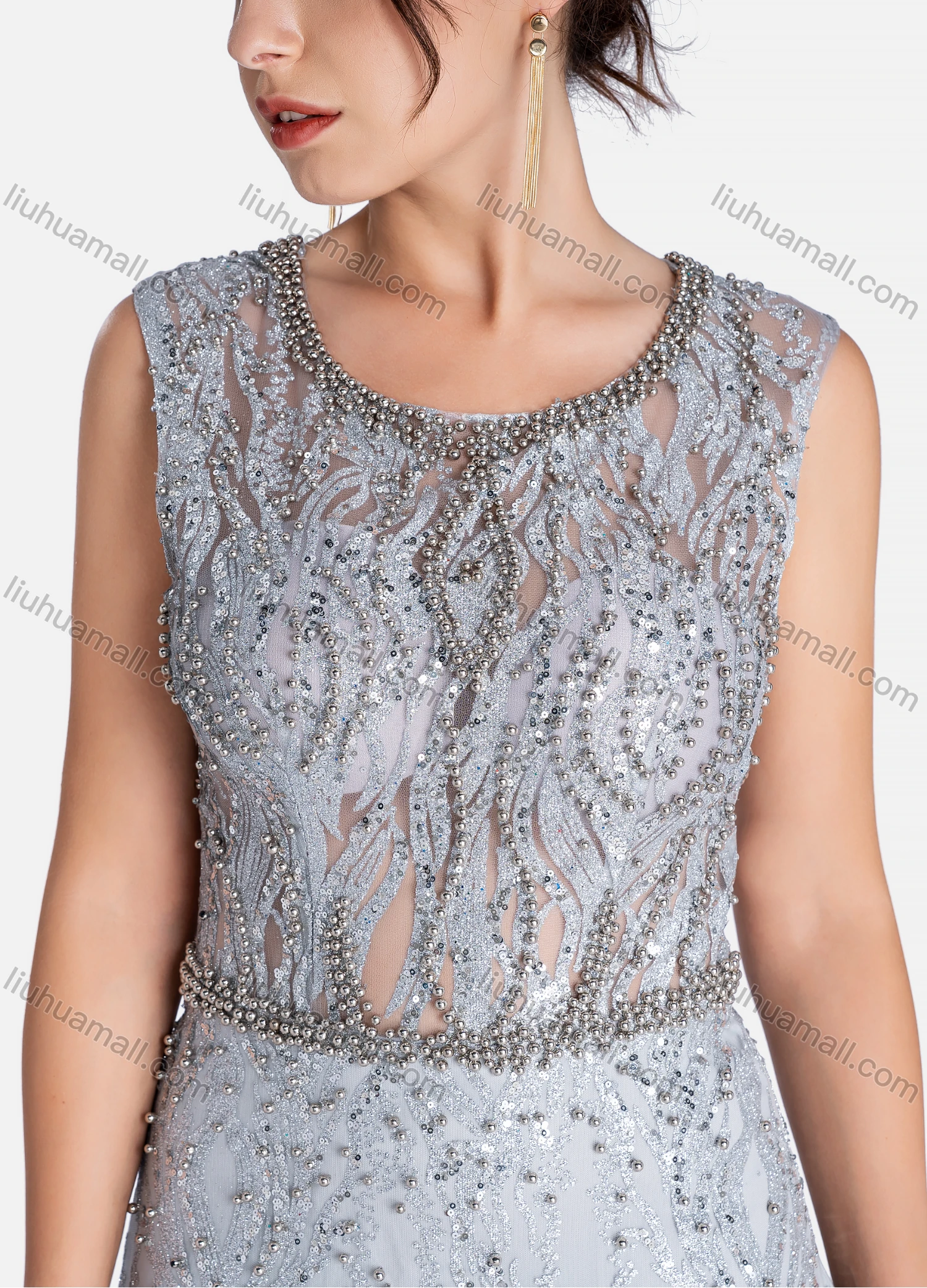 Wholesale Women's Elegant Crew Neck Sequin Beaded Floor Length Evening Dress - Liuhuamall