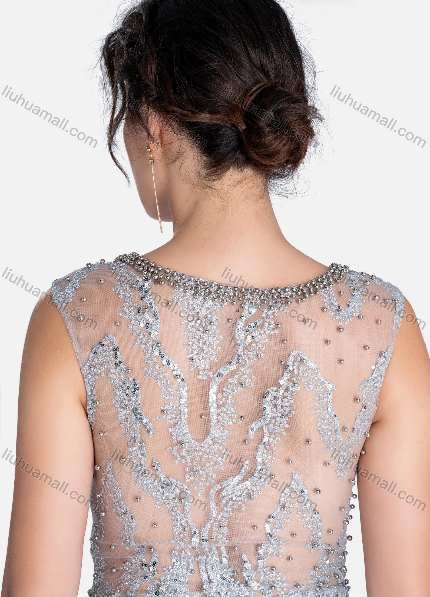 Wholesale Women's Elegant Crew Neck Sequin Beaded Floor Length Evening Dress - Liuhuamall