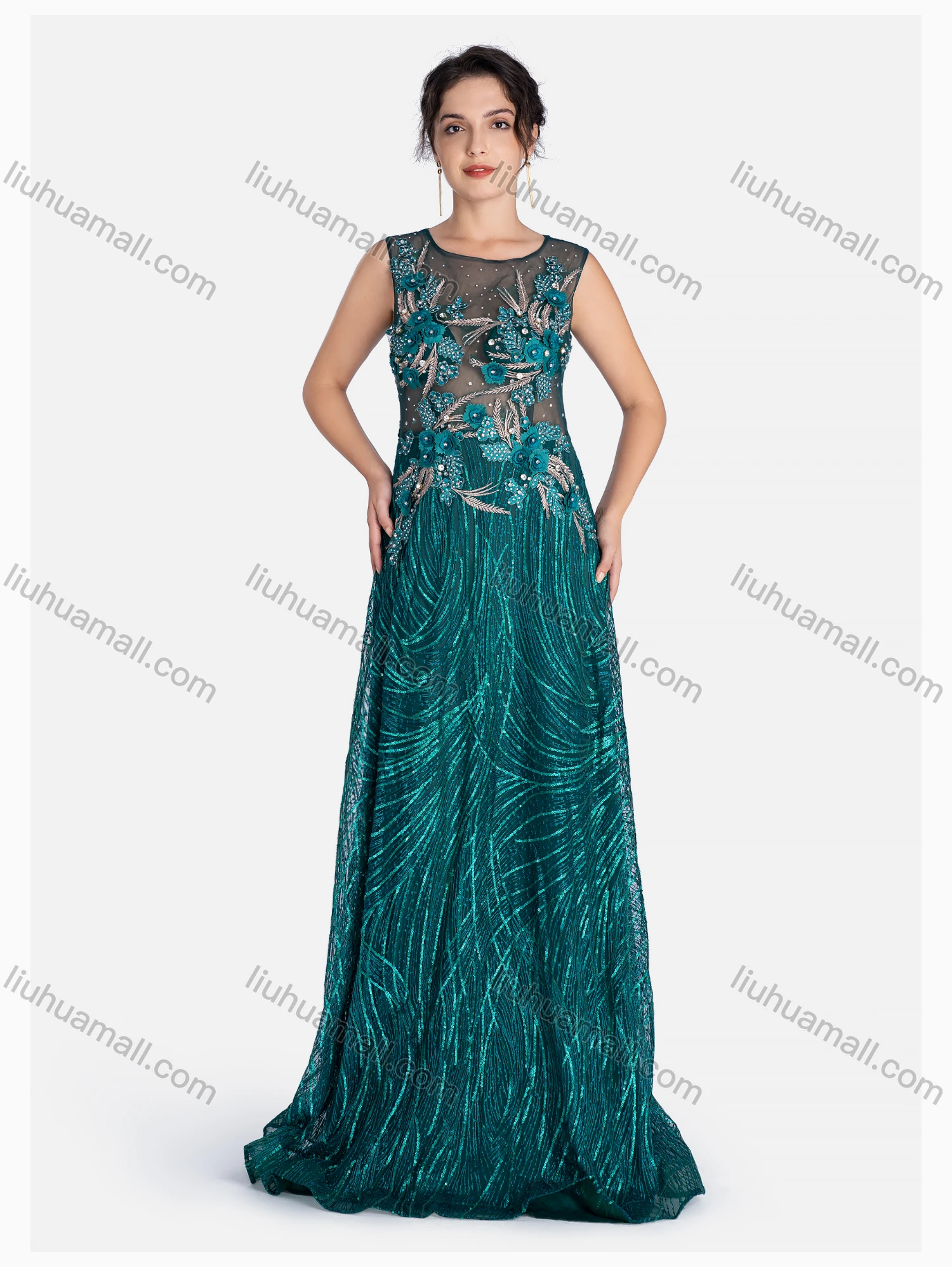 Wholesale Women's Elegant Crew Neck Sequin Rhinestone Floor Length Evening Dress - Liuhuamall
