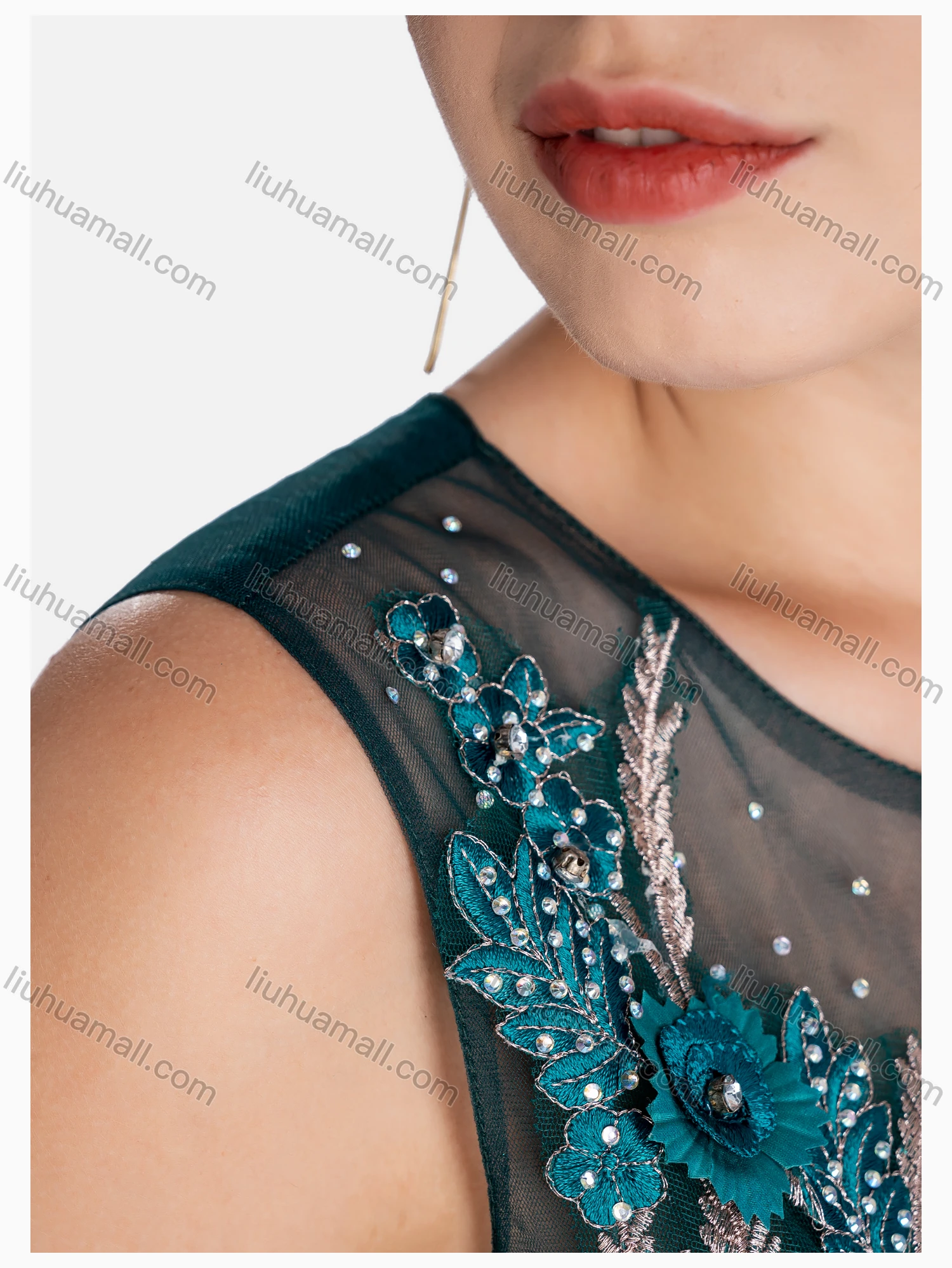 Wholesale Women's Elegant Crew Neck Sequin Rhinestone Floor Length Evening Dress - Liuhuamall