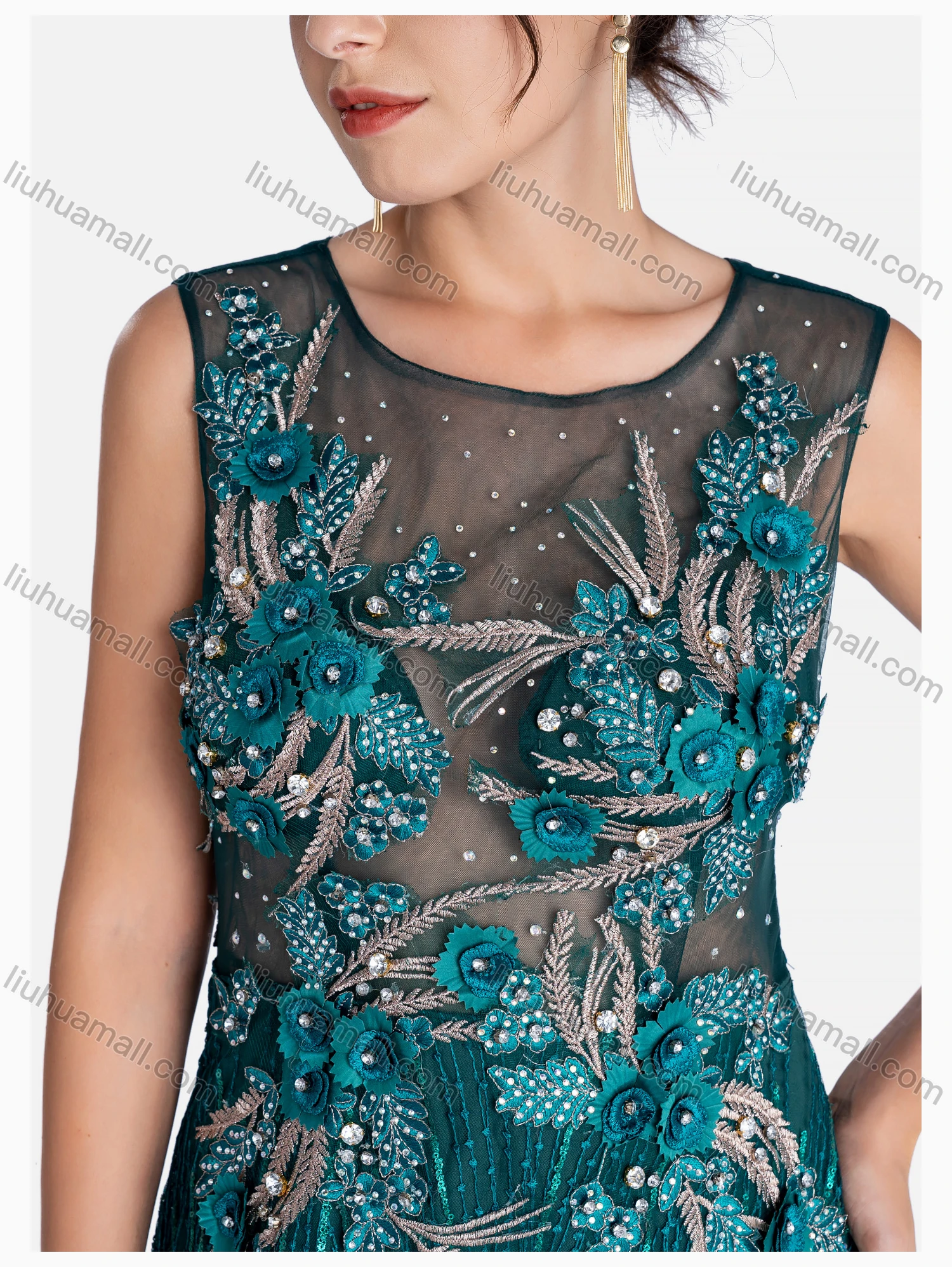 Wholesale Women's Elegant Crew Neck Sequin Rhinestone Floor Length Evening Dress - Liuhuamall