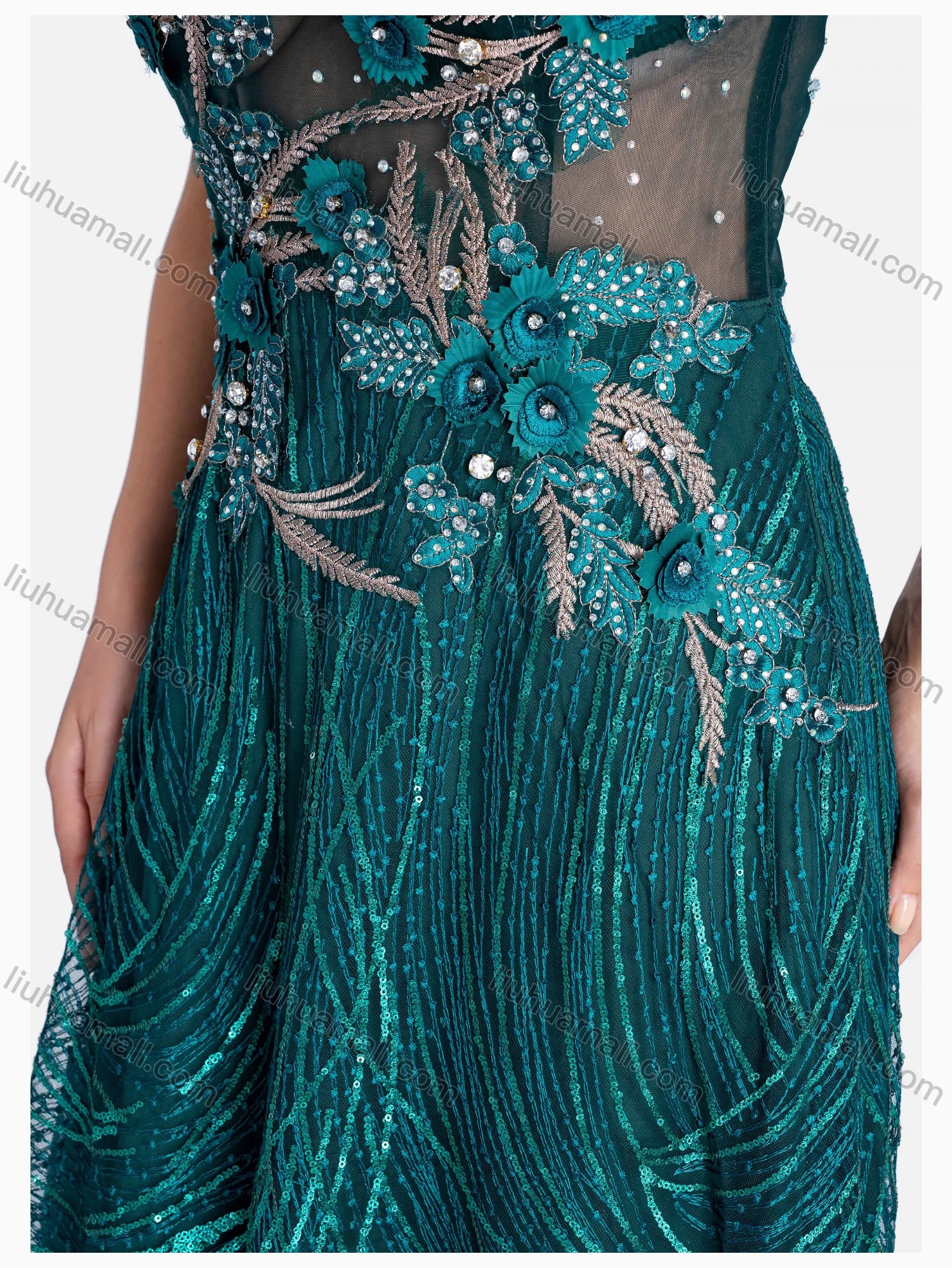 Wholesale Women's Elegant Crew Neck Sequin Rhinestone Floor Length Evening Dress - Liuhuamall