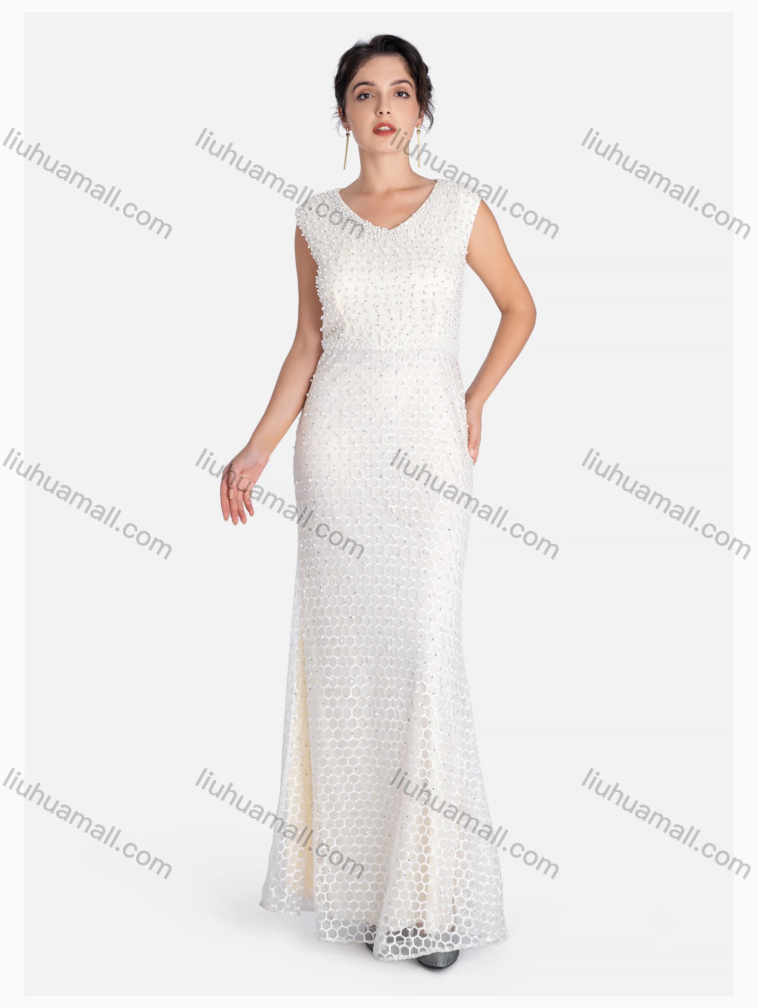 Wholesale Women's Elegant Crew Neck Beaded Rhinestone Floor Length Evening Dress - Liuhuamall