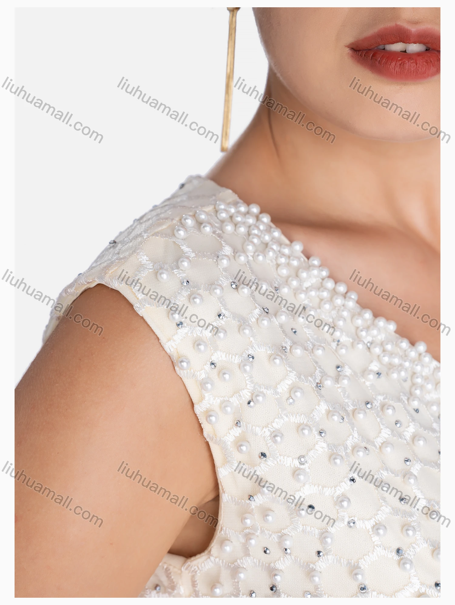 Wholesale Women's Elegant Crew Neck Beaded Rhinestone Floor Length Evening Dress - Liuhuamall