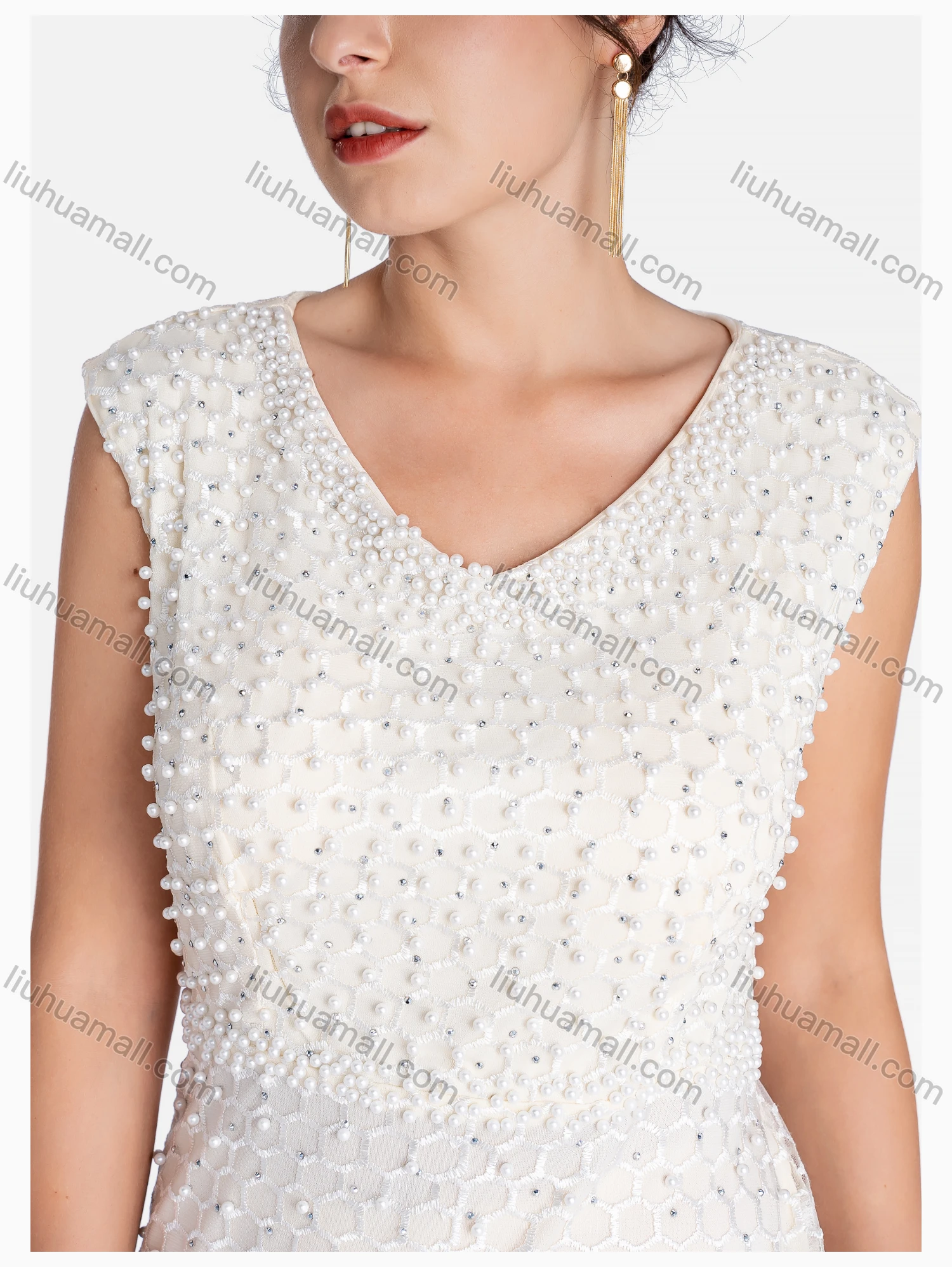 Wholesale Women's Elegant Crew Neck Beaded Rhinestone Floor Length Evening Dress - Liuhuamall