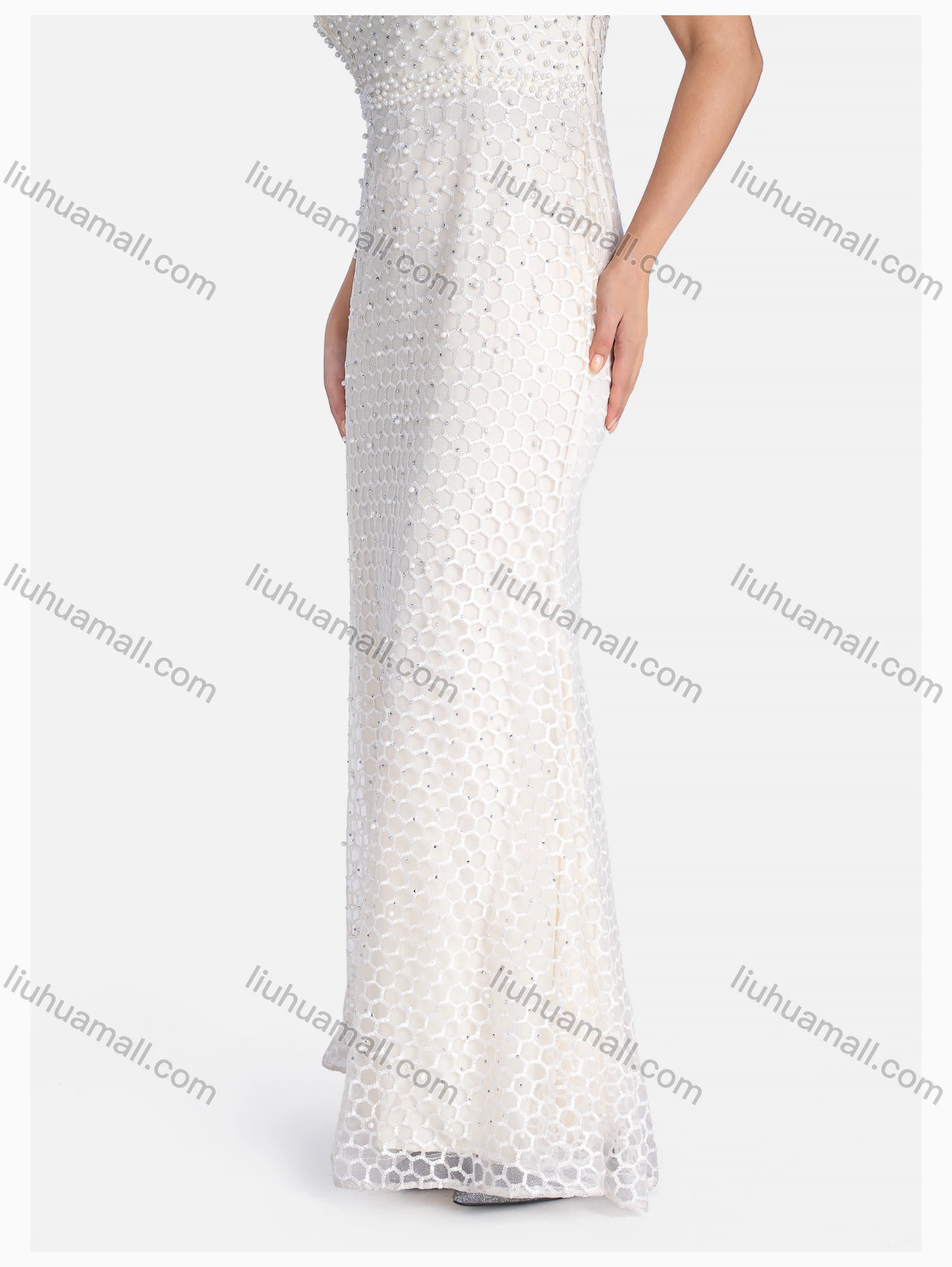 Wholesale Women's Elegant Crew Neck Beaded Rhinestone Floor Length Evening Dress - Liuhuamall