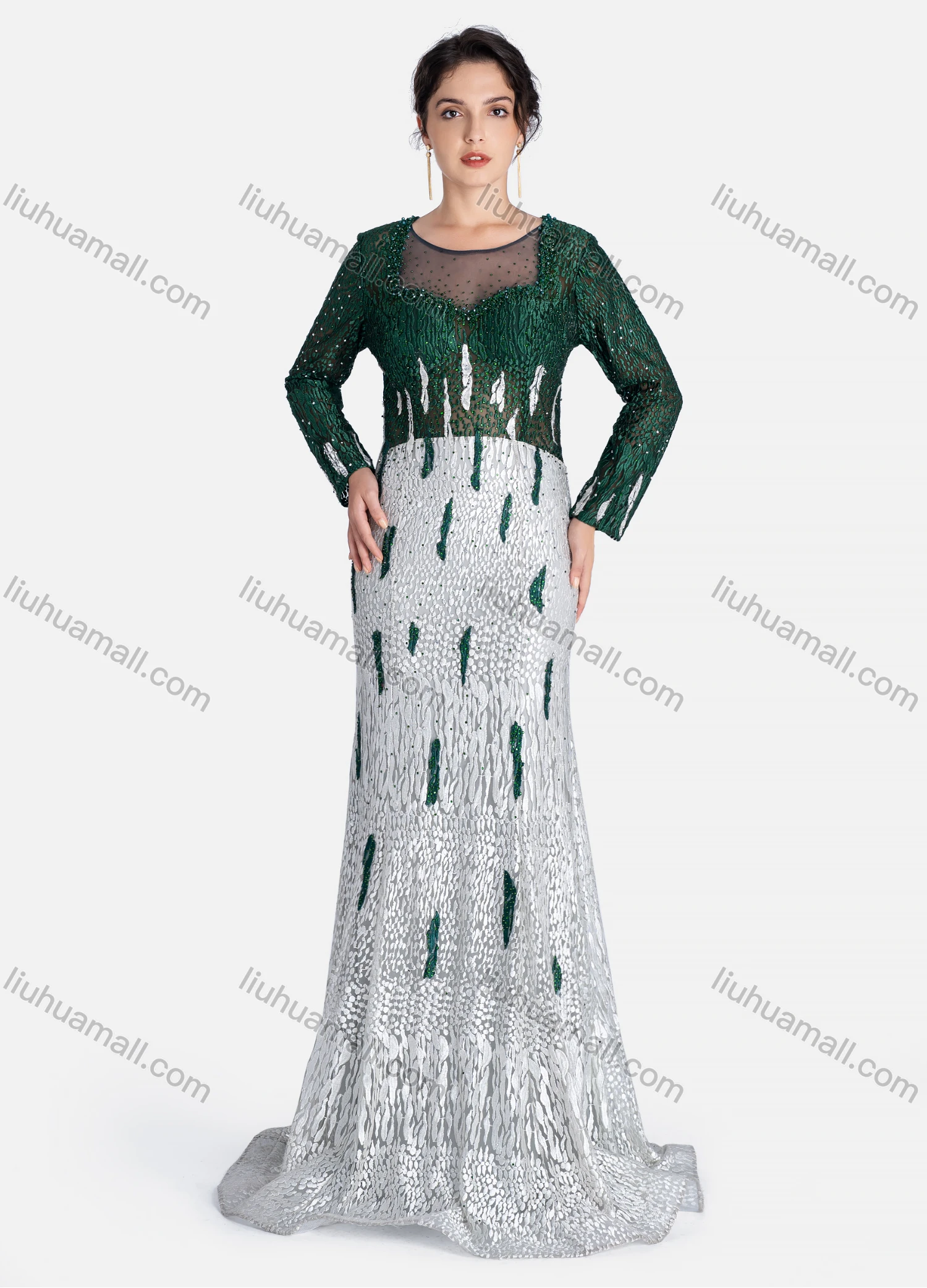 Wholesale Women's Elegant Crew Neck Rhinestone Stiching Color Evening Dress - Liuhuamall