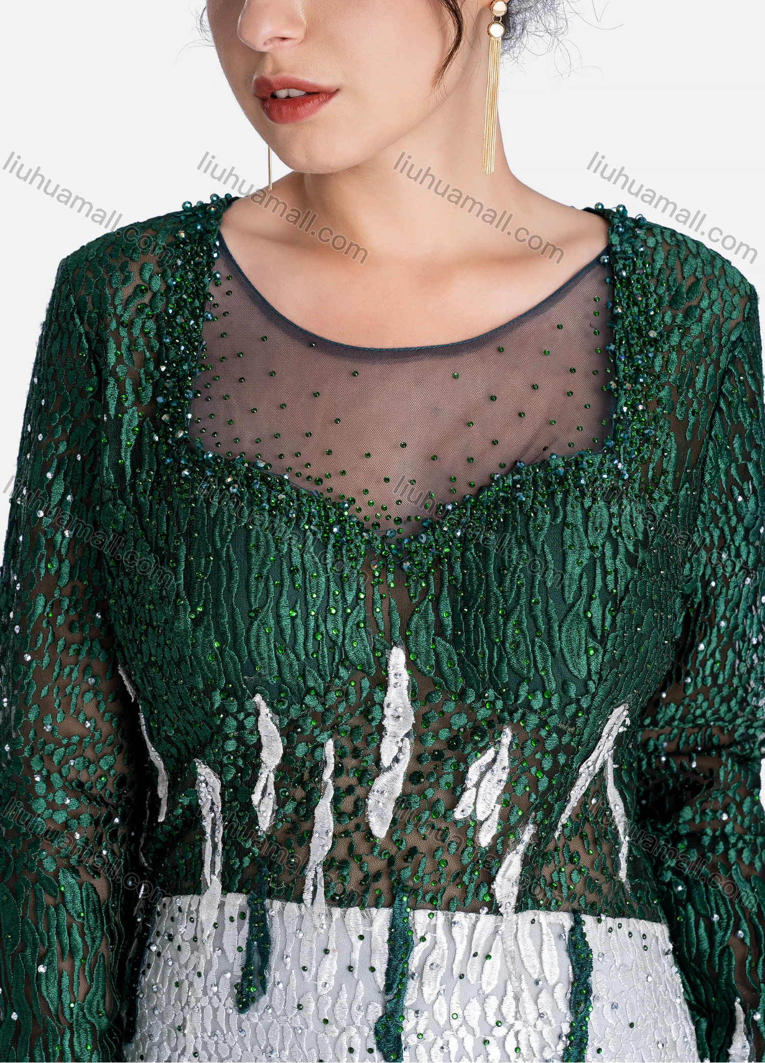 Wholesale Women's Elegant Crew Neck Rhinestone Stiching Color Evening Dress - Liuhuamall